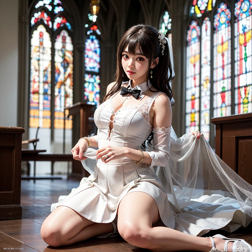 (from Below:1.28), White and Blood Red, (Masterpiece 8K TopQuality:1.2) (ProfessionalPhoto:1.37) ExtremelyDetailed (((FullBody, KAWAII girl with HUGE boobs:1.37)) in (WHITE Lace Wedding MiniDress:1.28)) detailed (Delicate Lace textures), (Detailed(Distant Elaborate Full Stainedglass Background:1.37) (Tyndall Effect) (Oodles Dazzling NeonColor Particles:1.32)) BREAK ((ZoomLayer, BokeH))PerfectLighting, (((NOGIZAKA FaceVariations))), Extremely Detailed (very KAWAII Face), Childish CaptivatingGaze Stunning ParfectEyes ElaboratePupils with (SparklingHighlights:1.28), Radiant PearlSkin with Transparency . { (Dynamic Joyful expressions LifeLike Rendering:1.4) | (:d) }, (Acutance:0.8) .