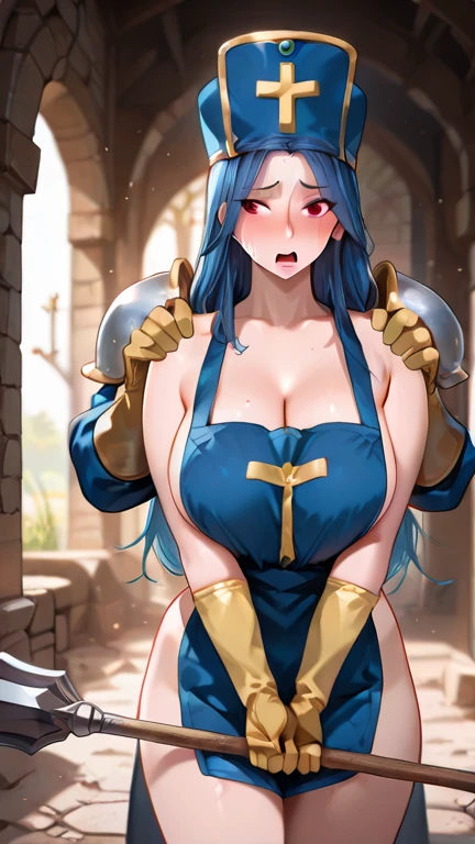 Staff squished in between cleavage, uncensored, inside breast, nipple