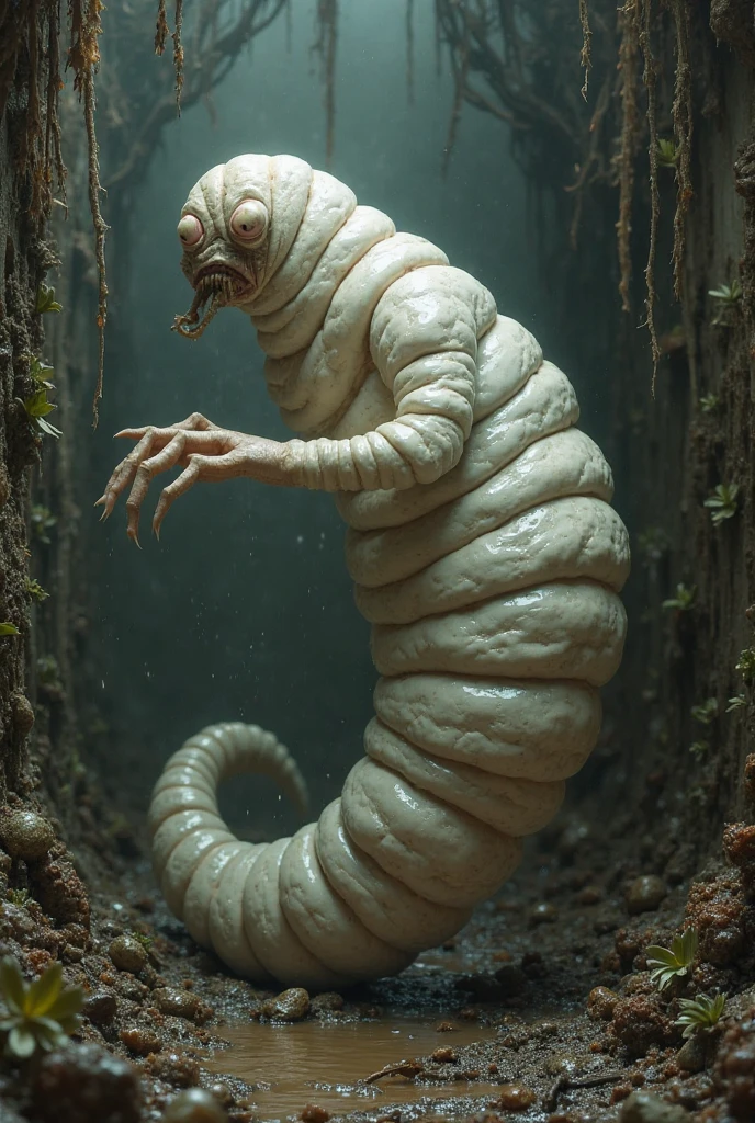 (extremadamente detallado, obra maestra, La mejor calidad), Estilo oscuro, intense illumination, rostro con arrugas, lengua larga, tentacle, deforme, monstruoso, alien con Colmillos finos, pico de pulpo amenazante. manchas de tinta. Rococo composition. Luz de caravaggio