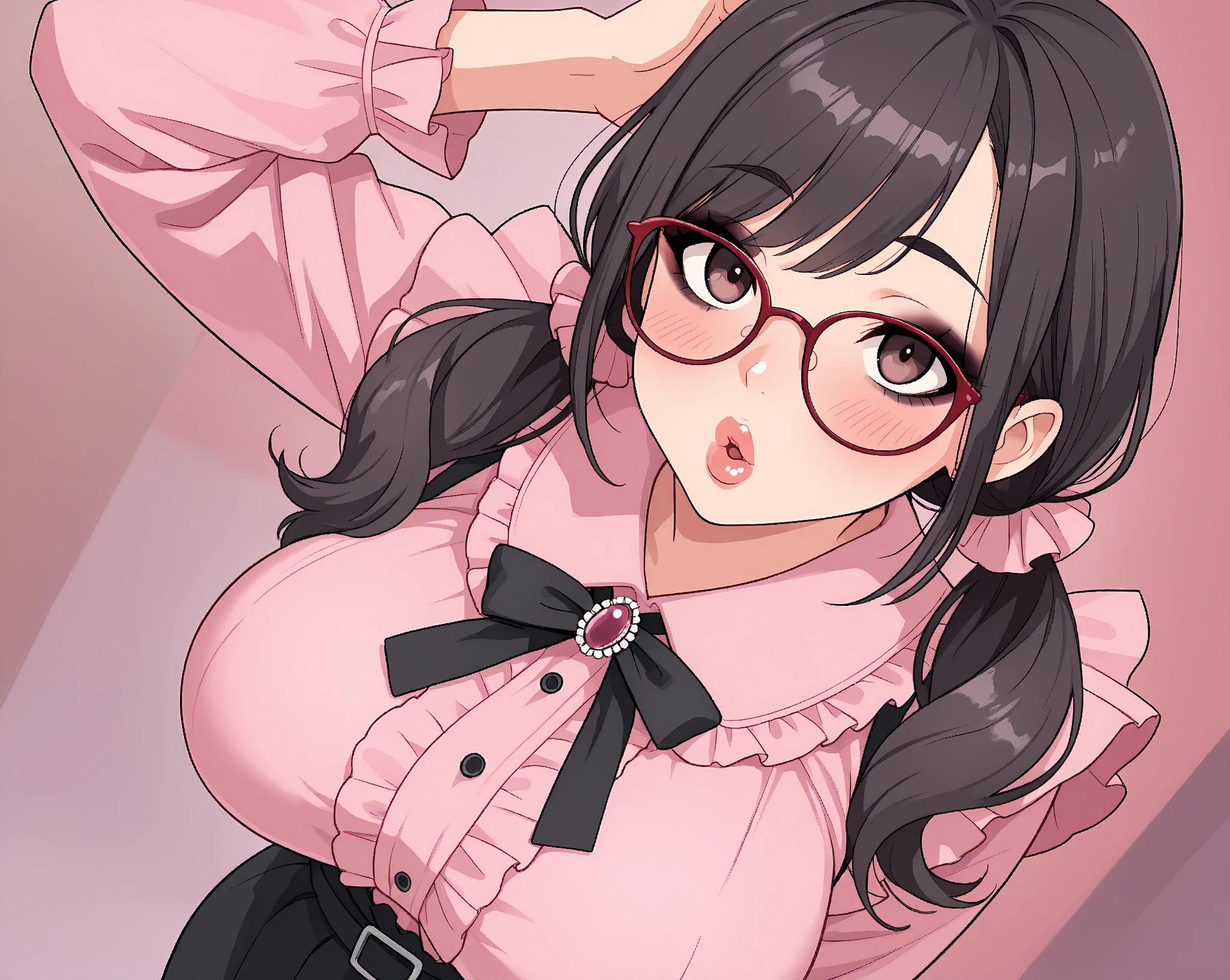 ((Black hair)),((Curled Shorthair)),((pale pink eyes)),(bishop sleeve long sleeve clothing),(Black and white long-sleeved top with all-over polka dots),(red belt band),((Long skirt made of soft denim material)),((Feeling of fatigue and weakness)),((Perspective from above)),Slight red tide,(Open your mouth and try chewing),(Vampires),((long fangs)),(Kamimei),((close up of face)),((NSFW)),((Cleavage that looks modest)),((Wearing glasses)),
