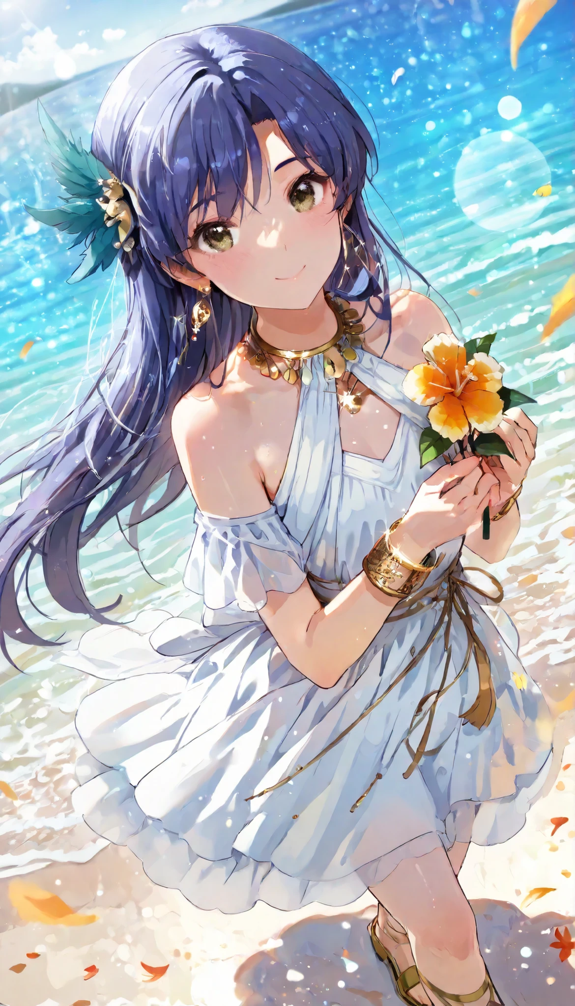 (Best Quality, super detailed, masterpiece, 8k, 16k, Wallpaper, Anatomically correct, fine detailed skin, fine detailed eyes, fine detailed hands, Accurate hands), sunny day, blue sky, Dazzling light, beautiful detailed sky, hight brightness, hight contrast, on the beach, from above, 1 girl (kisaragi chihaya) walking, solo, flat chest, kind smile, beautiful eyelashes, looking at viewer, break, wearing a (A white dress richly decorated with gold)), holding tropical flowers, gold necklace, gold bracelet, gold earring, gold anklet, gold sandal, break, beautiful shiny hair, Blue feather hair ornament, Hair blowing in the wind, resort atmosphere, Lots of tropical flowers, Lots of petals, dutch angle, brake, Colorful light particles, detailed background, Depth of Field, bokeh, moya, lens flare, film reflections, vivid color,