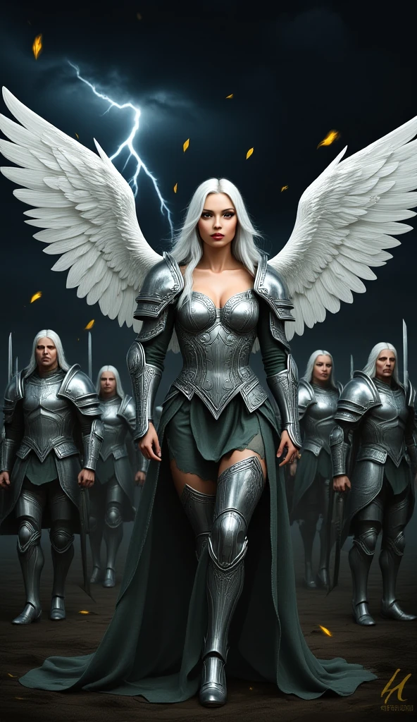 Realistic Female angels of destruction, hyper photo Realism, perfect smooth skin, long voluptuous white_gold hair, perfect body, narrow waist, perfect ass,picture perfect face, angry expression, pensive eyes,  Florence blue eyes, battles, damaged metallic bikini breastplate, damaged metallic bikini legs, gold white giant metallic arms, giant gold and white angel wings, hyper realistic battle scene in background, blood covered ground, blood everywhere, mayhem, destruction, chaos. doom,