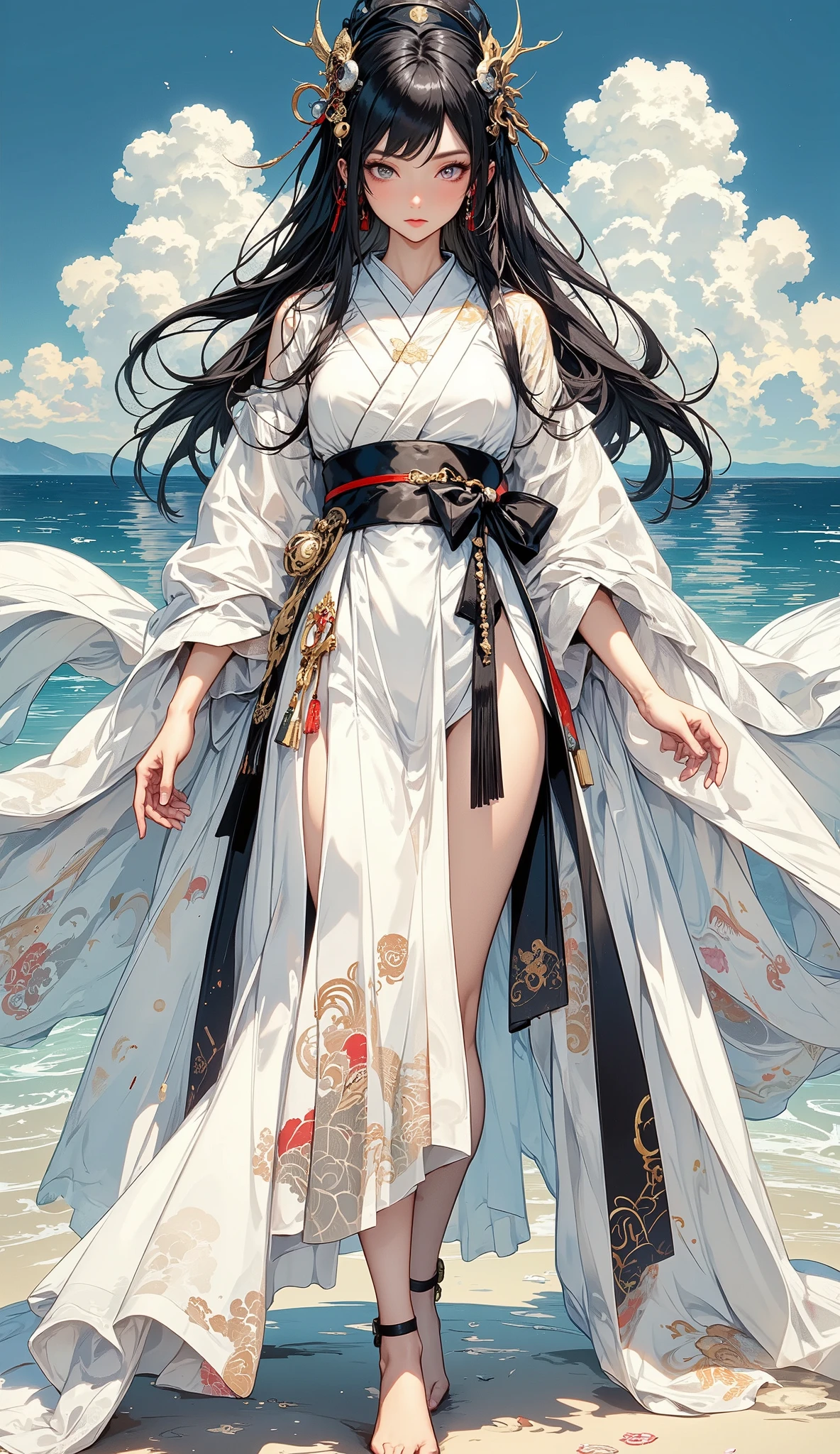 solo, (Japanese, celestial maiden), merciful female, angel of Japanese, fantasy art, An old Japanese Fanta story, front view, from below, (extremely detailed, ultra delicate beautiful face, fair skin:1.1, detailed beautiful sharp eyes, natural best makeup),BREAK (very beautiful glossy hair, very beautiful onyx black, sleek long hair), (wearing a beautiful white Kimono:1.1), (very beautiful see-through veil:1.1 is surrounding around her shoulders ), \(hair ornament, Japanese style, Kanzashi\), alighted on the beach from the clear sky, (outstanding perfect figure, seductive breasts, slim waist, large hip, long legs, beautiful all body), (incredibly detailed background panting, colorful, vivid , realistic, high resolution), (The supreme masterpiece, best quality:1.38, ultra detailed:1.1, incredibly absurdres, realistic, realism, RAW phot, perfect ),
,