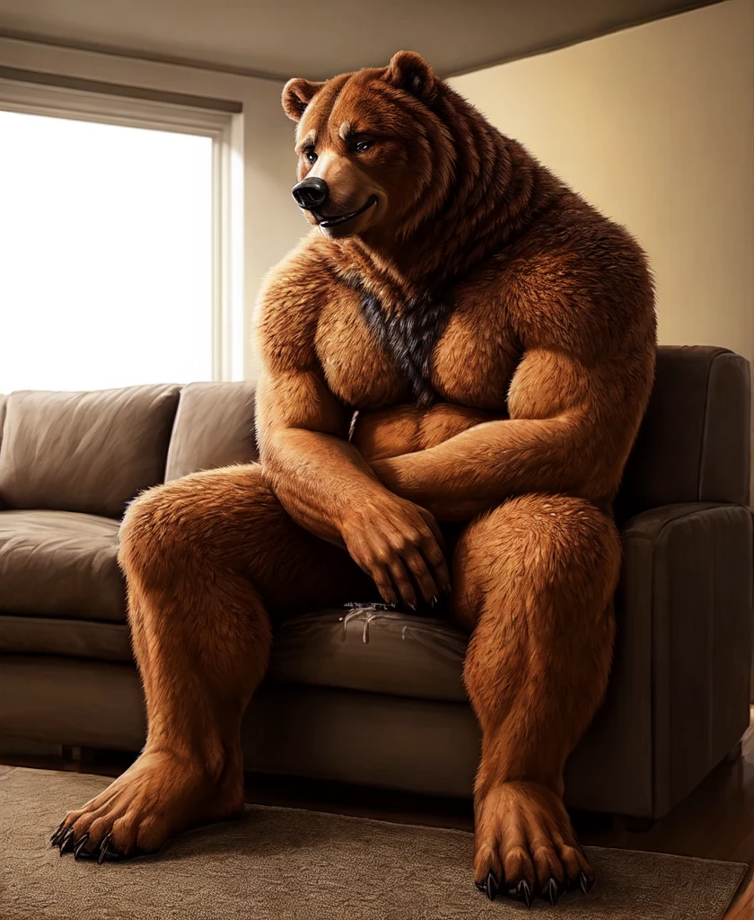 large muscular anthropomorphic bear sitting on a sofa, cross-legged, smiling. close-up: sweaty wet paws, paw pads, claws, fur, drops of sweat. photo realistic style, masculinity. semi-darkness, soft light. 