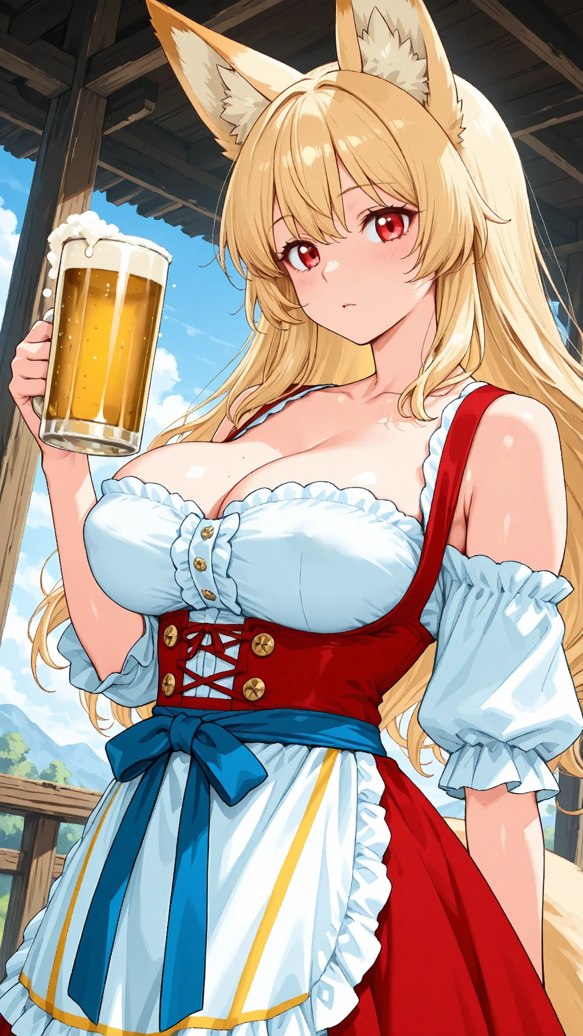 Very detailed、Highest quality、Best image quality、masterpiece、(Super Fine)、8k、(shoulder-length blonde hair:1.5、Medium Long Hair)、(smile、Open Mouth) 、(Hilarious)、(Big eyes)、(Beautiful and shining eyes)、(Detailed anime eyes)、(Puffy eyes)、(Big Breasts、topless、only breasts are in full view 、bare breasts、bare nipples、 thick nipples、erection of nipple、pepperoni nipple、necklace)、((SFW Huge Body))、(High leg panties)、(Full body portrait:1.5)、(Holding a beer mug with both hands:1.5)