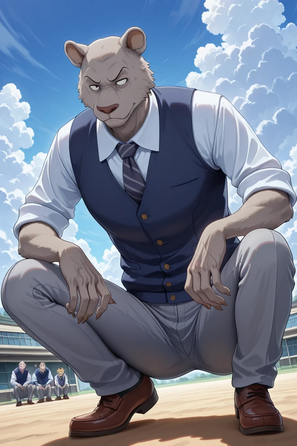 absurd result, best quality, alta calidad, detailed,  , wide shoulders, Mature man, small black eyes, Iris gray, athletic build, musculvery hombre,   round ears  , very, polished, Grey body, gray school pants with stripes ,Blue vest, long sleeve white shirt, dark gray tie, gray school pants with black stripes, while crouching, crouching, In the school yard,  Sky Blue , white clouds, sunny day, looking at the spectator, full body , annoying, furry, clawed hands