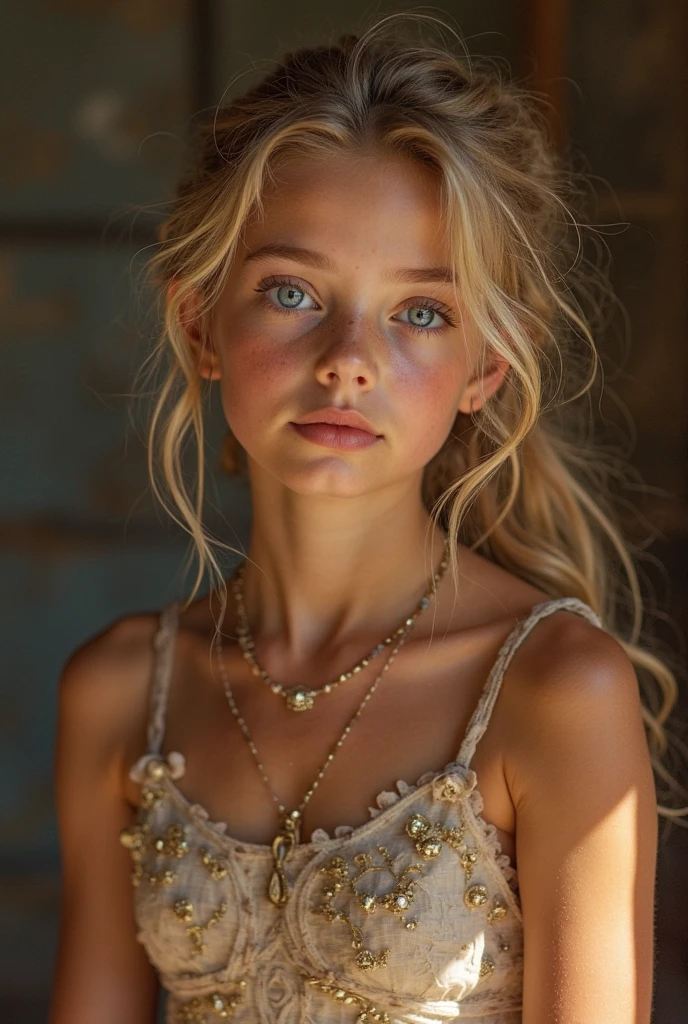 1fille de 13 ans, bare, Longhaire, smalll breasts, regarder le spectateur, blond hair, Bare shoulders, Brown eyes, jewels, tout le corps, neckleace, off shoulder, Pull-over, Lips, realistic, nose, Flirting with the naked camera 

