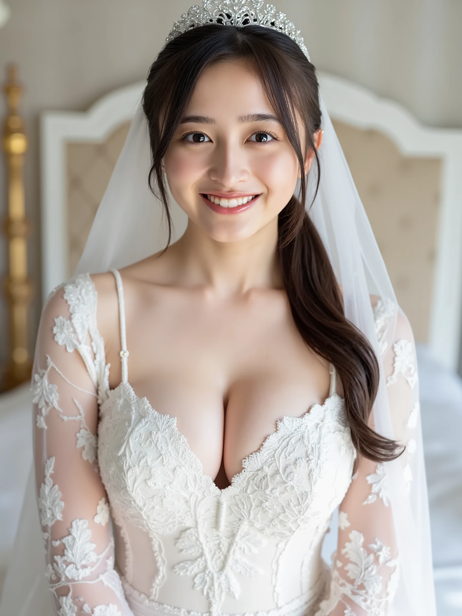 Young girl in wedding dress and updo, Off-shoulder neckline, and a long veil. her face is young and innocent, Looks like a . She looks at the camera with a playful expression. Detailed artwork with vivid illustrations, Realistic colors, Capture every detail. The medium of digital painting, Guaranteed best quality and high resolution (4K or 8K). soft and romantic lighting, creating a dream-like atmosphere. The overall color is warm and gentle................, Highlight the joy and beauty of your wedding scene.frontage、full body Esbian、A smile