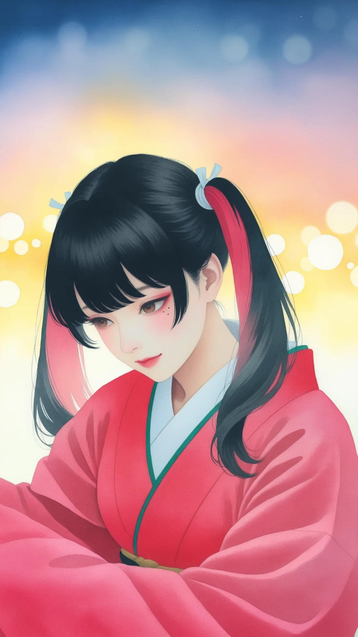 J_paint, High Quality,Women's Japanese Paintings,facial detail,Graceful Posture,calm expressions,Delicate skin,Smooth Hair,Graceful Outfit ,natural background,soft lighting,traditional Japanese painting,watercolor,4K resolution,super definition,Realistic,Faded colors,bokeh, Minami Yoshikawa, black hair with pink inner color hair, twin tails, asymmetrical hair, brown eyes, mole under the eye, slight build,