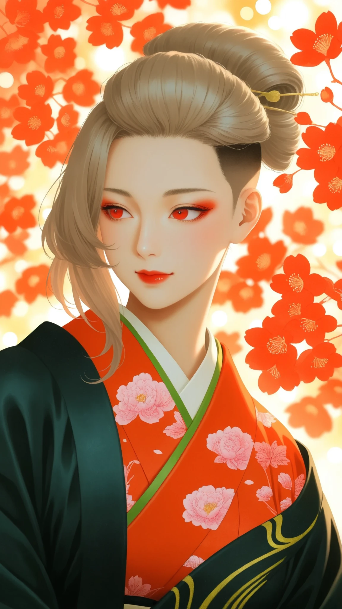 J_paint, High Quality,Women's Japanese Paintings,facial detail,Graceful Posture,calm expressions,Delicate skin,Smooth Hair,Graceful Outfit ,natural background,soft lighting,traditional Japanese painting,watercolor,4K resolution,super definition,Realistic,Faded colors,bokeh, Mirai Edosaki
light brown hair, undercut, asymmetrical hair, red eyes, brown skinned,