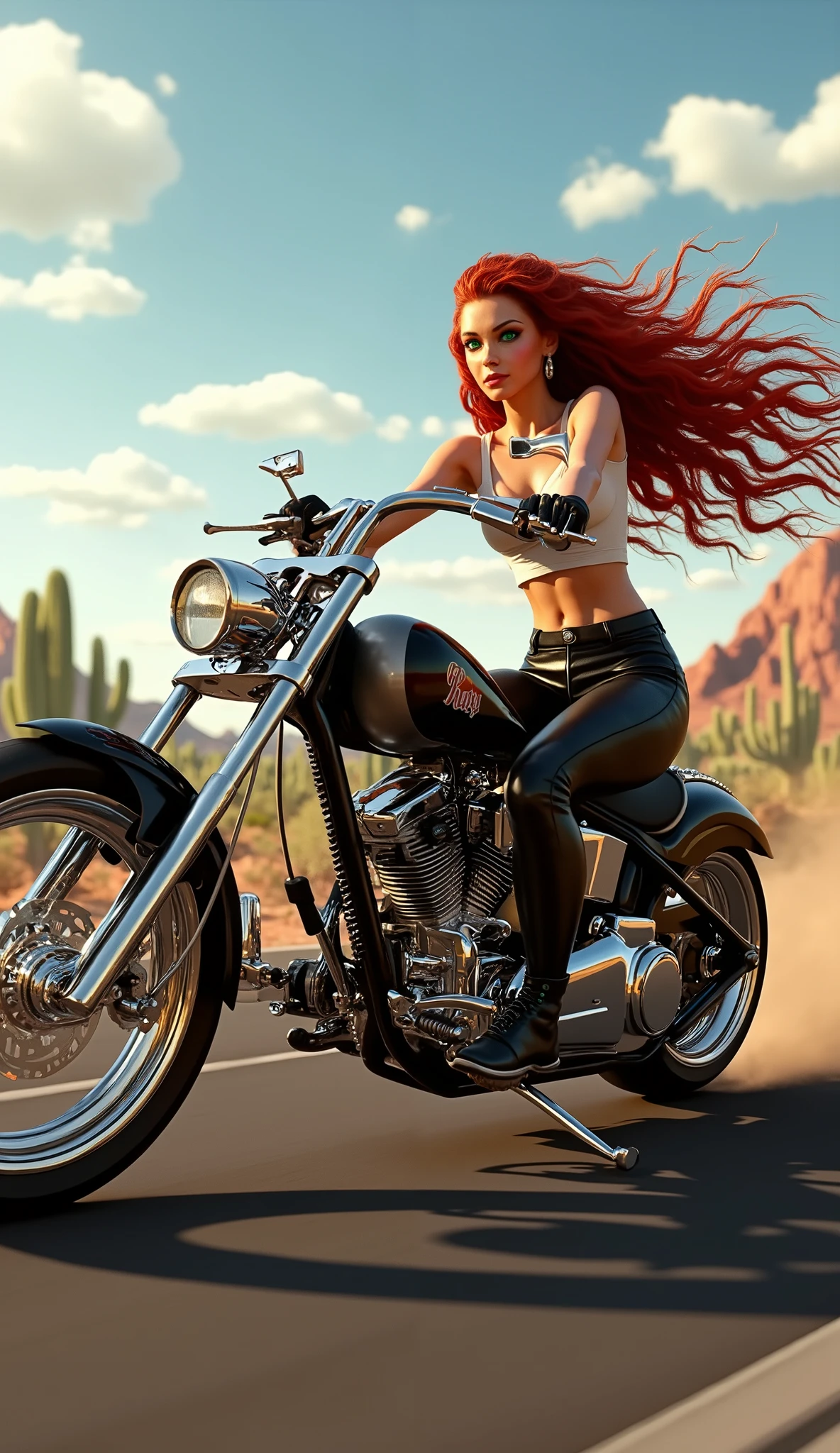 9:16, ultra-realistic, semi-realistic anime (2.5D), cinematic — Side view from the left-front of a stunning female biker riding a silver-and-black Harley chopper motorcycle, full motorcycle fully visible from front wheel to rear wheel, entire rider visible from head to boots, no cropping. Camera is pulled far back so the subject occupies only ~55–60% of the frame height, with large background space above, below, and around.
She has long voluminous curly red hair flowing in the wind, an hourglass figure with very large breasts, wearing a tight white crop top, black leather biker pants with glossy creases, and black lace-up biker boots. Both feet are firmly on the foot pegs, knees bent naturally.
Face: human and beautiful — full lips, delicate nose, large turquoise eyes, soft blush, subtle reptilian accents (faint scale freckles on cheeks, scales along neck/clavicle and outer forearms, slightly elongated pupils). No helmet, no muzzle.
Motorcycle: silver-and-black Harley-style chopper with chrome parts, V-twin engine, leather saddlebags, large round headlight, chrome exhaust pipes, in the exact same angle and perspective as the provided reference photo.
Environment: Texas desert highway, saguaro cacti, red rock mesas, blue sky with scattered clouds, golden-hour lighting, heat haze in distance, dust trail behind bike.
Look/finish: hyper-detailed chrome, cinematic contrast, realistic shadows, sharp focus, accurate anatomy and perspective.