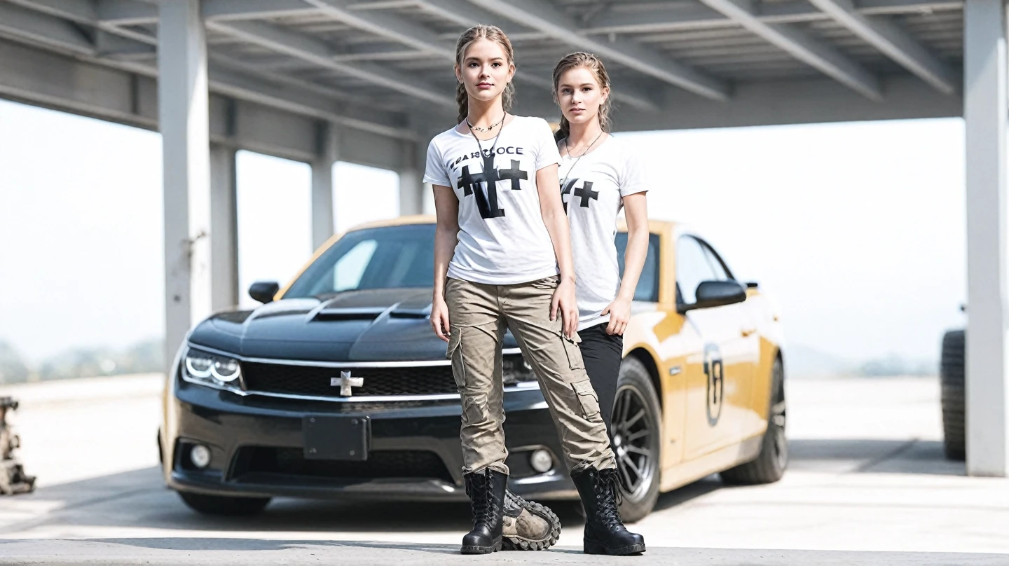 (best quality,4K,high resolution,masterpiece:1.2),Very detailed,Practical,photoPractical:1.37,portrait,beautiful eyes,Delicate lips,Strong gaze,Beautiful figure,Curved hips,Slim waist,Wide hips,Red Racing,Red shirt and jeans,Alfa Romeo Ms...,Wear tight, Simple clothes,Kimi Bella,F1 driver Charles Leclerc,Red clothing with Ferrari logo,Tight clothing,Upright posture,Confident look,Radiant Skin,Heavy makeup,Bold Hairstyle,Stunning model-like features,Long legs,Stilettos,Thigh width,Elegant Posture,Charming,Photo shooting settings,Studio Lighting,High contrast,Rich colors,Sexy atmosphere,emotional atmosphere.