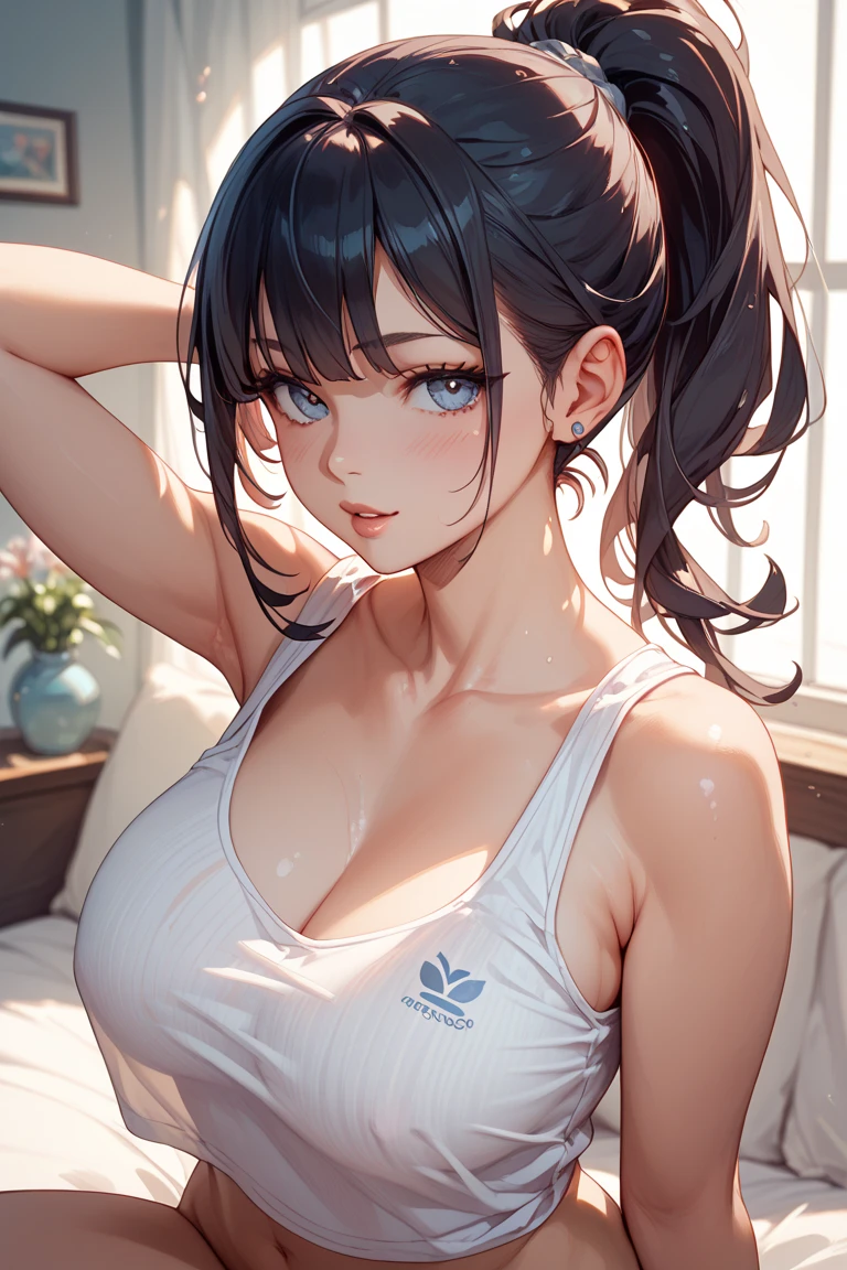 masterpiece, best quality, ultra-detailed, illustration, warm lighting, bright colors, 1girl,solo, long hair, very long hair, chifuyu, blue eyes, bangs, hair_flower, hair_ornament, hair_over_eyes, ponytail,

stomach, navel, hand on hip, cowboy shot, bare shoulders, collar, collarbone, smile, midriff,

gym, exercise machine, indoors, [[[[obliques]]]], steaming body, thighs, bare legs, squatting, hand on own thigh, depth of field, weights,



 <lora:chifuyu:0.65>