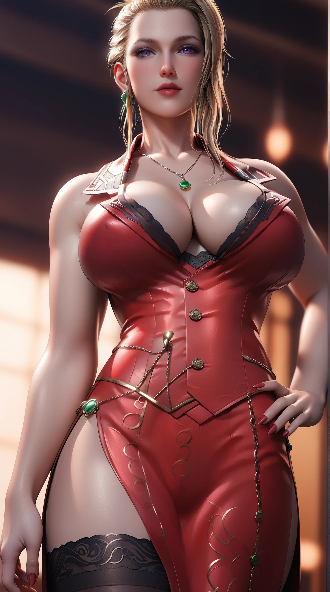 Lucy_Heartfilia, planturous woman, erotic, curvy, large breast, thick hips, red dress, long dress, strapless dress, long white elbow gloves, smile, light red lipstick, dark purple eye shadow, makeup, black choker, cowboy shot, long hair, brown eyes, blonde hair