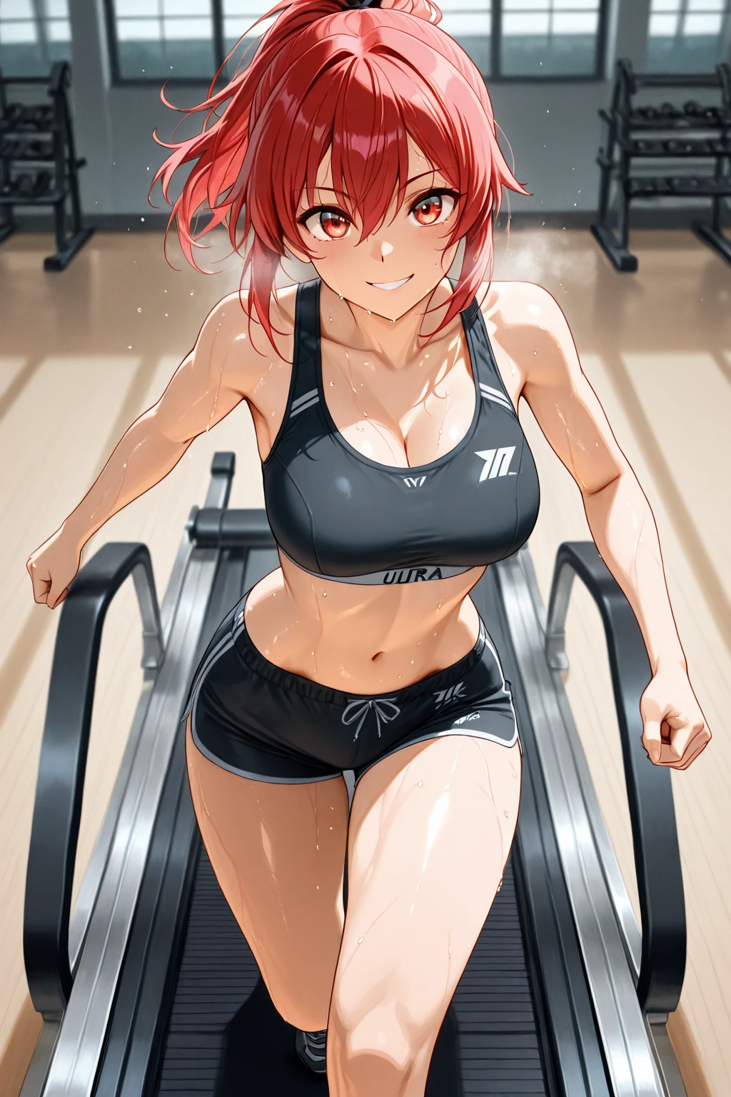 anime girl in a gym with a red top and red pants with white stripes, working out, beautiful anime girl squatting, seductive anime girl, smooth anime cg art, in a gym, fit girl, anime style 4 k, badass anime 8 k, 4k anime wallpaper, chun li at the gym, anime girls, ilya kuvshinov. 4 k, athletic body