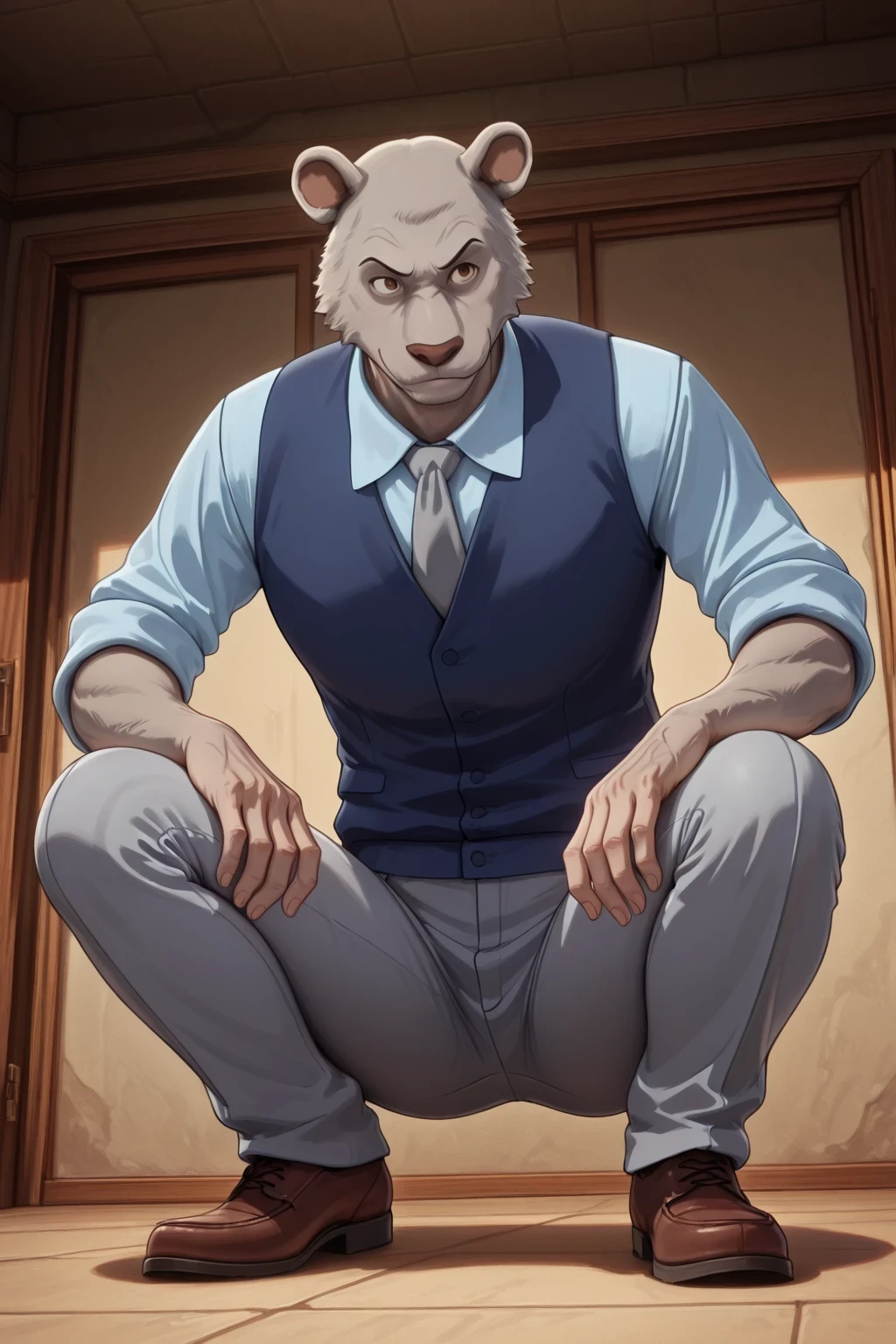 absurd result, best quality, alta calidad, detailed,  , wide shoulders, Mature man, small brown eyes, athletic build, musculvery hombre,   round ears  , very, polished, Grey body, gray school pants with stripes ,Blue vest, long sleeve white shirt, gray tie, while crouching, crouching, interiores, university residence, looking at the spectator, full body , aggressive