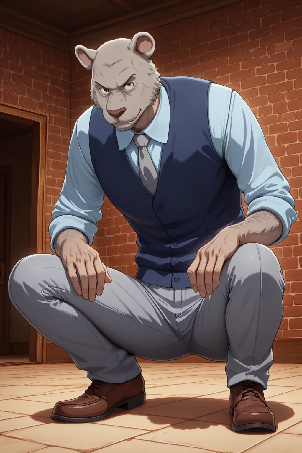 absurd result, best quality, alta calidad, detailed,  , wide shoulders, Mature man, small brown eyes, athletic build, musculvery hombre,   round ears  , very, polished, Grey body, gray school pants with stripes ,Blue vest, long sleeve white shirt, gray tie, while crouching, crouching, interiores, university residence, looking at the spectator, full body , aggressive
