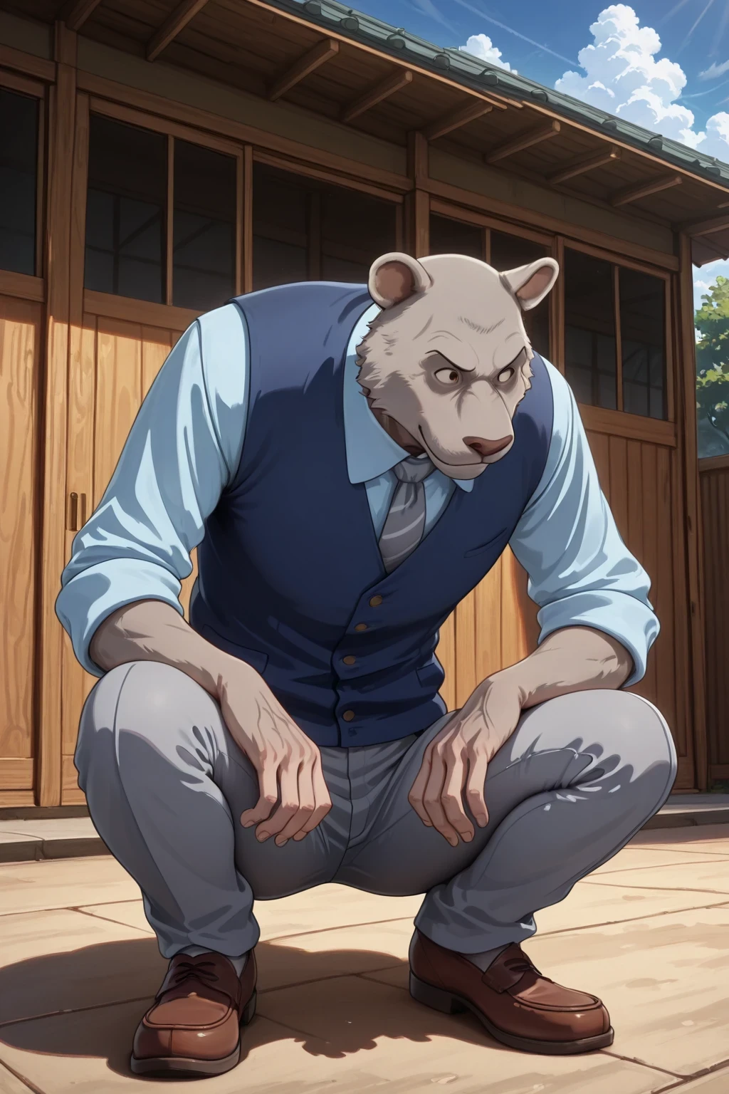 absurd result, best quality, alta calidad, detailed,  , wide shoulders, Mature man, tiny brown eyes, athletic build, musculvery hombre,  round ears , very, polish, Grey body, gray school pants with stripes ,Blue vest, long sleeve white shirt, gray tie, while squatting, squatting, in the schoolyard, sky blue, white clouds, sunny day, looking at the spectator, full body , agresivo