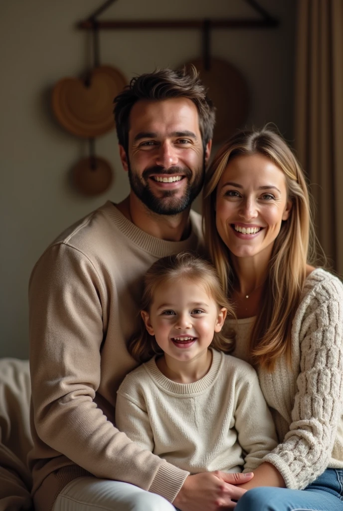 blonde child 8 year  blue eyes hugging her father medium brown hair and brown eyes and her mother blonde green eyes long hair in london home 8k ultra realistic photorealistic 
