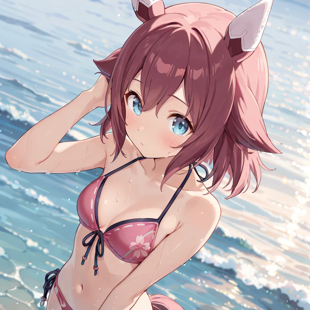 [score_9, score_8_up, score_7_up], source_anime, 1girl, solo, akazaki kokoro, cone hair bun, pink frills bikini, sunglasses, [[[leaning forward]]], hands on hip, looking at viewer, smile, blush, beach, <lora:Smooth2_Pony:1.0> <lora:kkr_pony:0.64>
