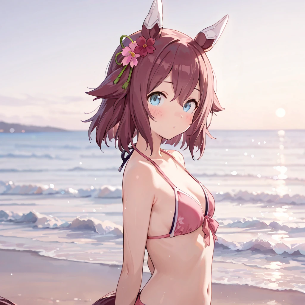 (best quality:1.3),(masterpiece:1.1), (best quality:1.3),(masterpiece:1.1),1girl , ,  focus on color , 1 girl , looking back ,fox ears , pink hair , long hair , yellow eyes mixed with red , hair contrasting with sunlight , tangled hair flying in the wind horizontally , pink and white clothes , one hand is held in front of the  , the background is a stream , the color is focused on blue , focusing on the light of the background , with a little grass green background ,full body, looking at viewer,Stand back to the viewer very lowleg, (tiny miniature microbikini:1.2), (string-only microbikini:1.4), black , microbikini wedged in, , outdoors, beach, shiny skin,