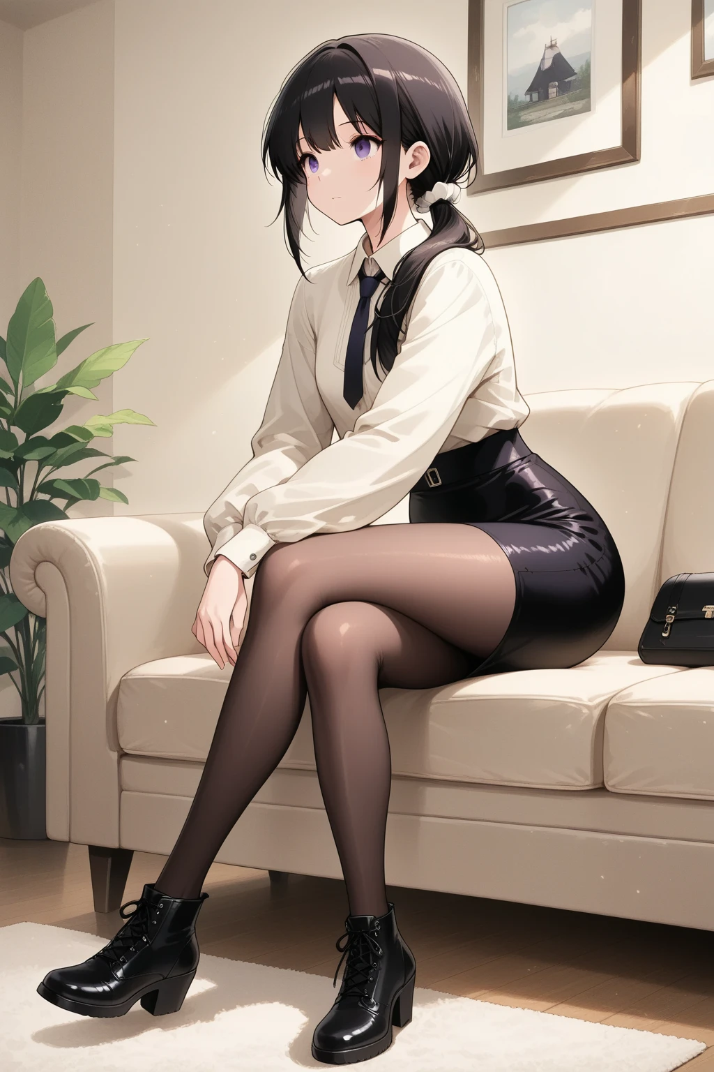 1girl,((masterpiece)), (photorealistic:1.4),solo,queen's chair, night, night sky, office shot, formal dress, bodysuit, black dress,black skirt, black Pantyhose, royal shoes, black hair, sitting on chair, game cg,The room has windows,Only one person,single,beauty face,divine goddess, shiny skin, skindentation, lace,