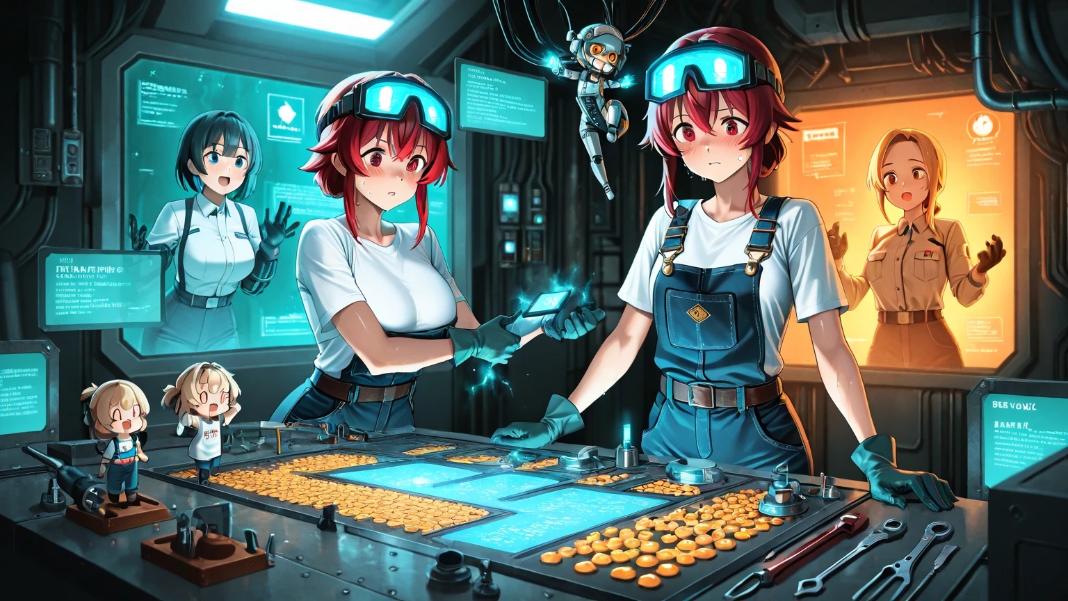 Two anime girls in a factory with boxes and machines - SeaArt AI