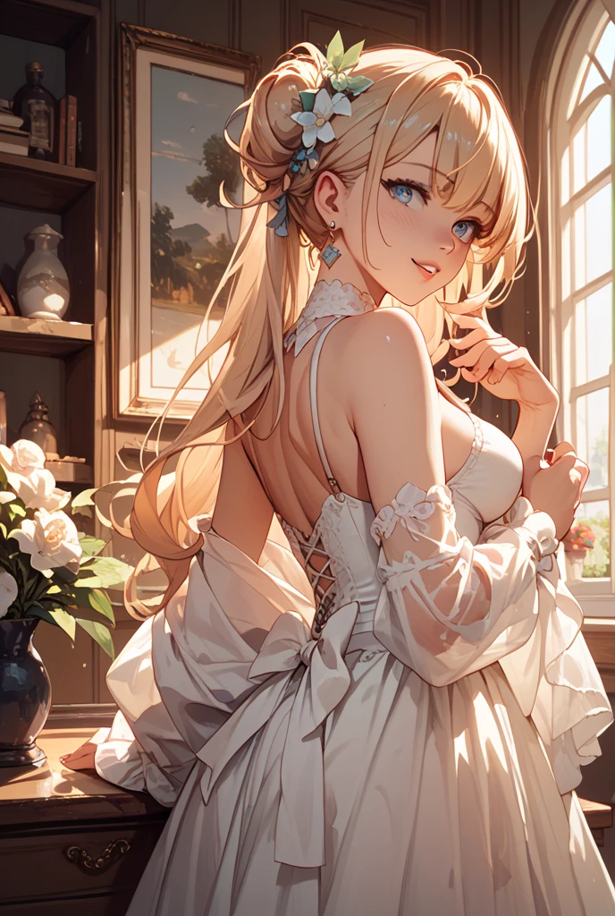 masterpiece, best quality, 1girl, very curly hair, blonde hair, shiny hair, tiara, diadem, medium breasts, glossy lips, good lighting, latifa fleuranza, standing, looking back at viewer, ballerina, tutu, white pantyhose