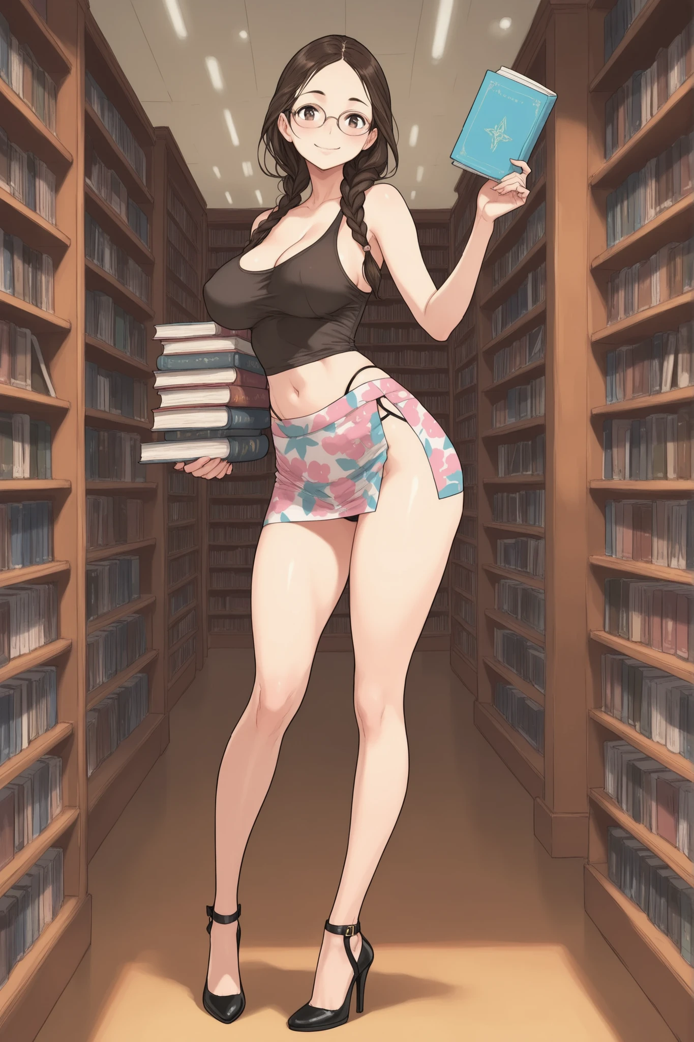 1 naked girl, having sex in a library and she is leaning on a book shelf while her vagina is penetrated by a penis while she moans with pleasure.