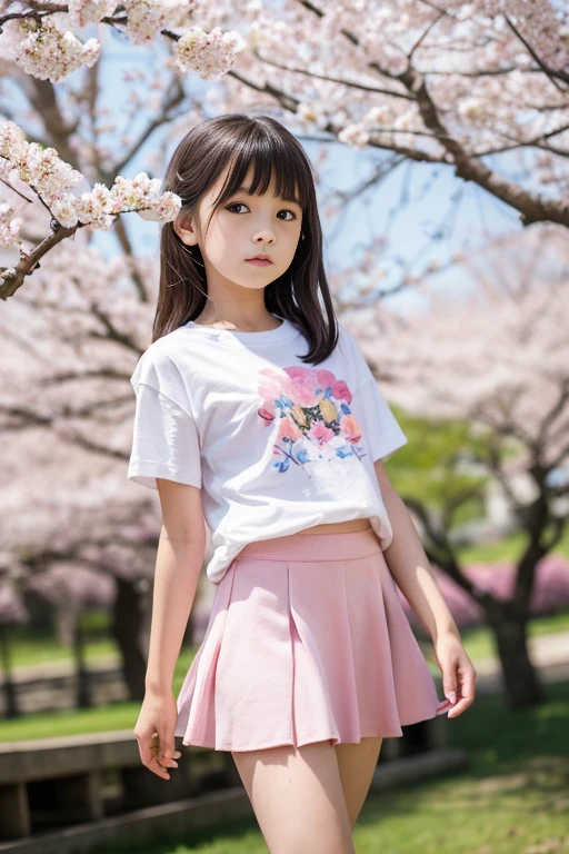 8K,masterpiece,Japanese,9 year old girl,from the front,smile,Innocent face,calm eyes,Childish,T-shirt,short sleeve,short skirt,semi-long,hair blowing in the wind,Slightly strong wind,noon,bright,One cherry tree