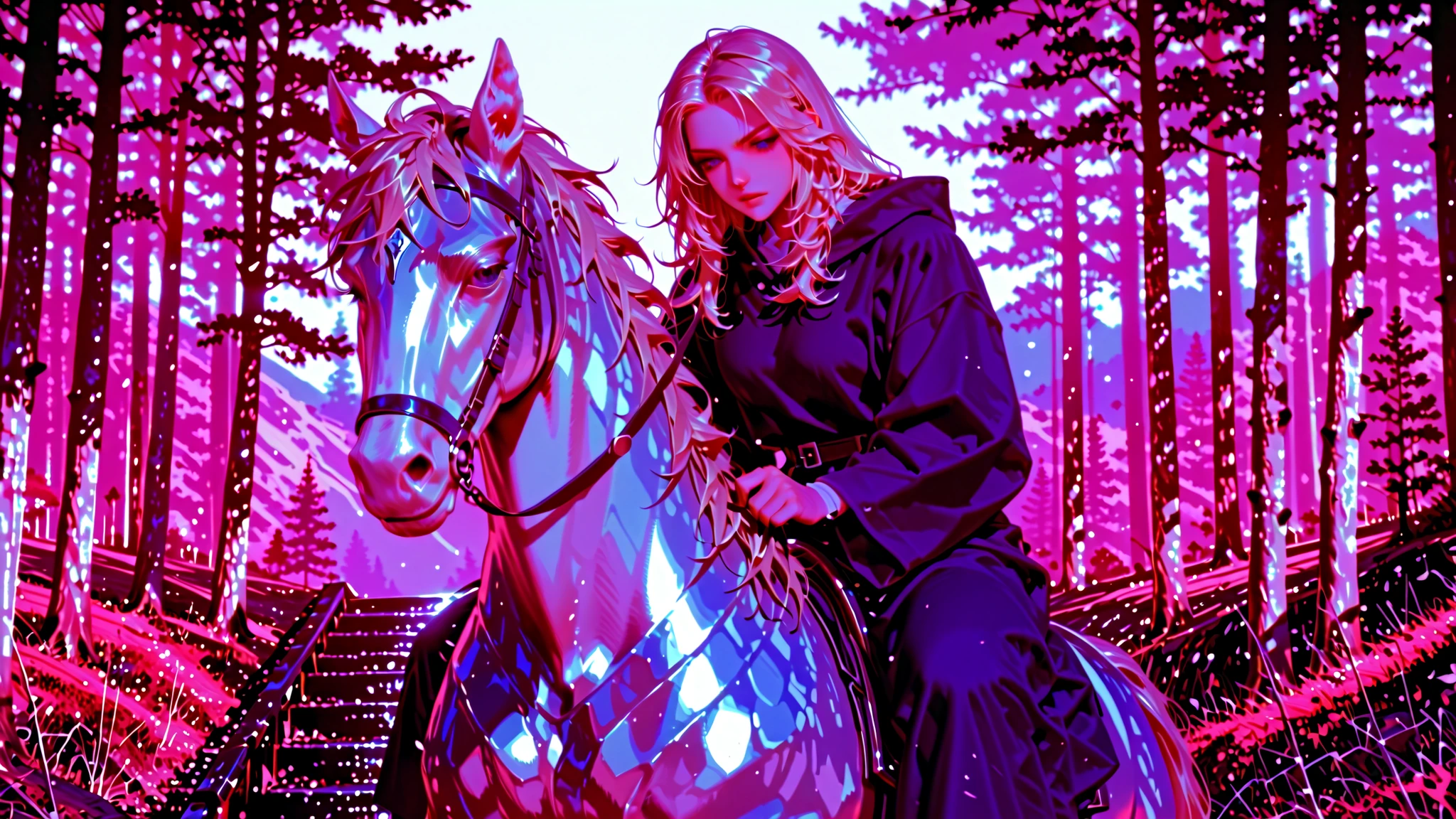 blonde god li9ke girl riding on the white horse on  rainy storm on LSD, nature background.  lightings