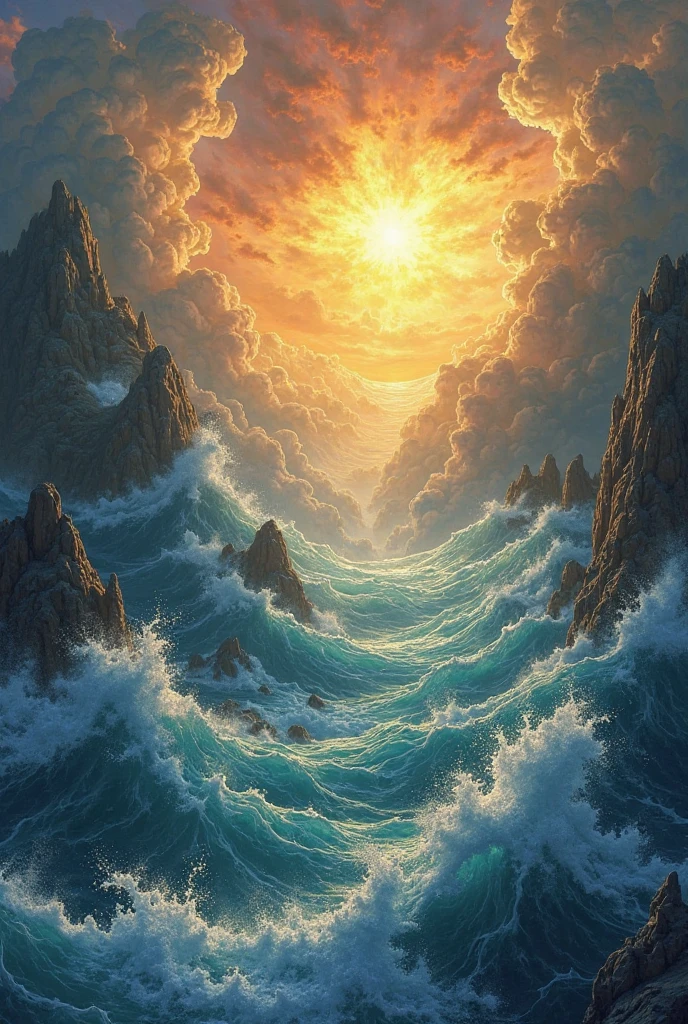 Endless sea surging waves, rivers, auspicious clouds, fried skewers rushing into the sea, sunlight, masterpiece, super detail, epic composition, ultra hd, high quality, extremely detailed, official art, unified 8k wallpaper, super detail, 32k