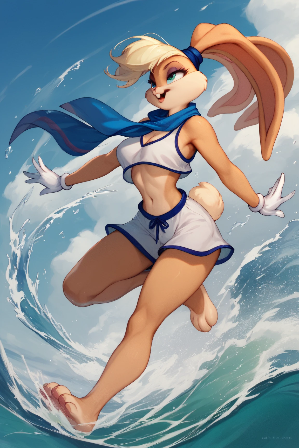 alone, score_9,score_8_up,score_7_up, anthro female flareon, white bikini, beach, water, riding a surfing board.