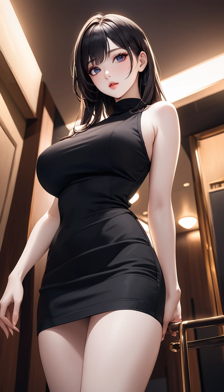 masterpiece, high resolution, beautiful woman, Korean Beauty, 30 years old, black sleeve less sweater, mini pencil skirt, beautiful woman, night hotel, standing and looking at me, high resolution face, (high resolution eyes), black hair, curvy