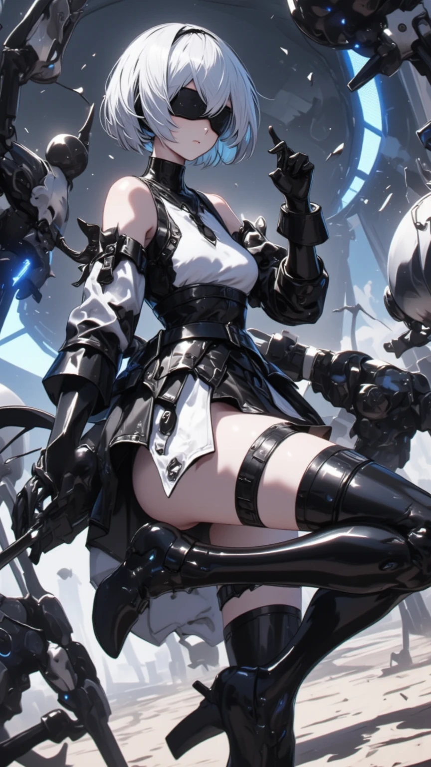 anime girl avec épée dans un décor de ville futuriste, 2 b, 2B, film still of 2B Nier Automates, plus inspiré, nier : automates inspirés, plus de formes, yeux rouge, une épée, ratio 16/9