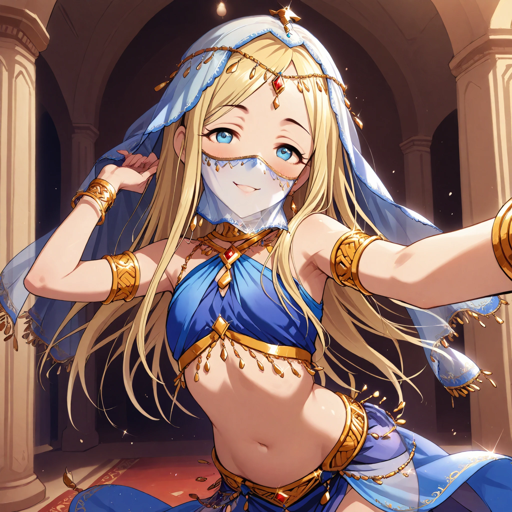 (1girl:1 . 5) , (Seul:1 . 5) , score_9 , score_8_haut , score_7_haut , source_anime , Official work , ultra-detailed , masterpiece , best quality selfie snapshot , high res , beaux yeux , detailed eyes , detailed face , beautiful detailed eyes ,THE iDOLM@STER Cinderella Girls,Layla,Arabian Clothes , Arabian Dancer ,belly dancer costume ,mouth veil, golden jewelery,armlet, belly dancing,arabian theater, smile, dancing with veil, dynamic movement,dancer posture, pose,sexy pose