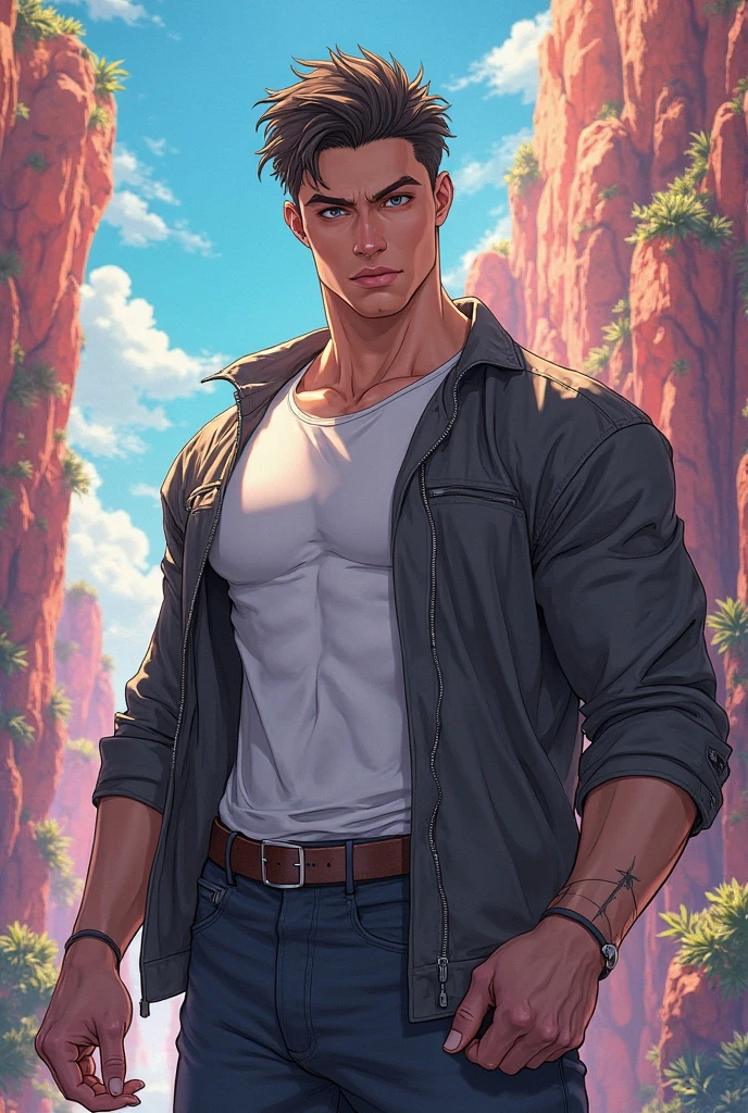 Close-up of Man, Age 25, Sculpted and built, ruggedly good looking, well kept, he has some tattoos, light brown hair, a robust and sharp jawline, bright blue eyes, a narrow nose, and thin lips, wearing a black button-up shirt with the front open, showing his , blue jeans, the background is of fields and trees. Quality (masterpiece1.2), (Best quality), (Intricate details) 