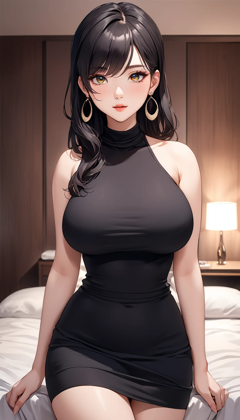 masterpiece, best quality, extremely detail 8k cg, high resolution, 1girl, kurenai yuhi, black hair, red eyes, slim body, huge breasts, bursting breasts, black tee shirt dress, sleeveless, cleavage, seductive face, indoors, bedroom, beautiful face, wide shot photo