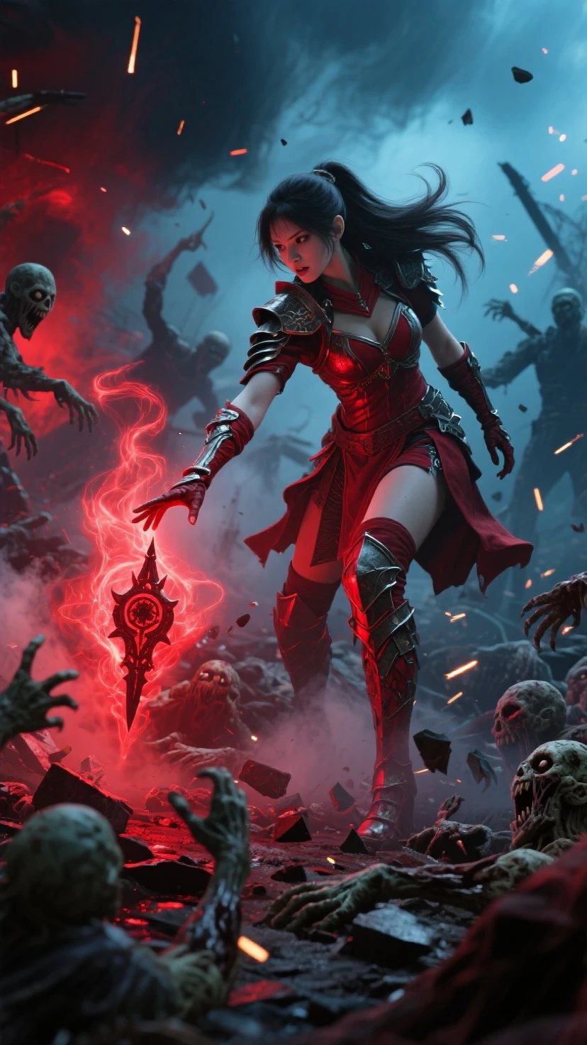 Cinematic scene, hero view, female blood hunter, willing to suffer whatever it takes to achieve victory, these adept warriors have forged themselves into a potent force dedicated to protecting the innocent, action pose, detailed background, masterpiece, best quality, high quality, highres, absurdres, vivid, Dungeons and Dragons <lora:dungeons_and_dragons_xl_v2:1>