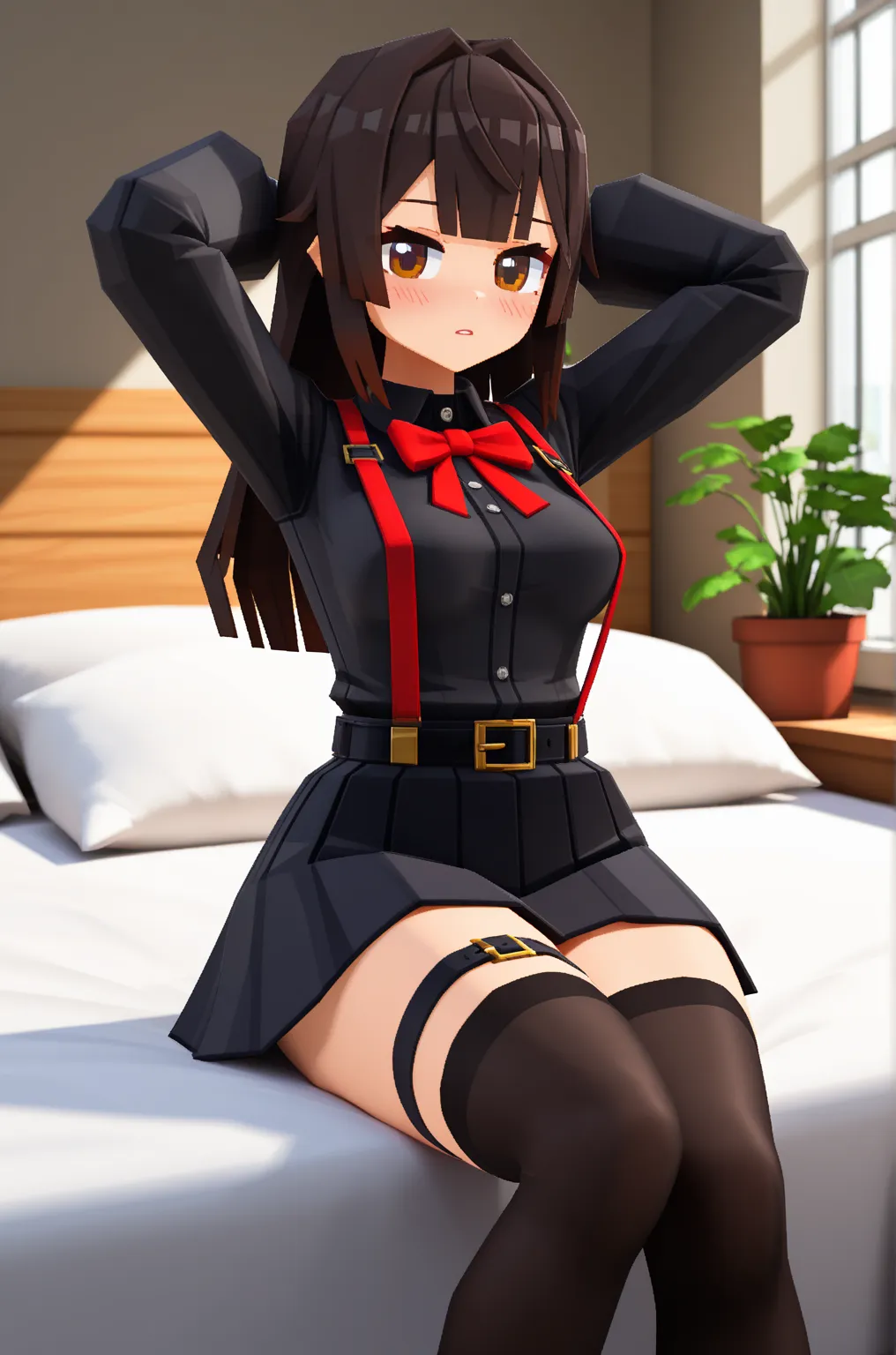 Taeko Kondo、Girls&Panzer、Brown Hair、Short Hair、((pantyhose))、Photo from below、Medium chest、Bedroom、(Doronjo)、Red ribbon、Black long gloves、boots