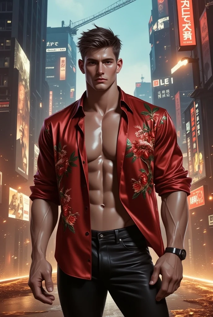 ((Extremely detailed CG unity8k wallpaper)|game_cg|masterpiece|best quality|illustration| {High resolution}|fine painting|aesthetic painting|high detail, beautiful and detailed eyes, detailed face, detailed skin, in this cyberpunk world, a young and handsome male model, wearing thong and white socks, stands on a towering rooftop. The golden ratio of his body is flawless, and the tattoo sparkles in the sun, attracting everyone's attention. His whole body was already soaked. The wind blew through his lean body, swept his belly hair, and his ears shone brightly. He has a glowing nipple stud on his chest that makes him even more unique and charming. And on this towering rooftop, he seems to overlook the bustle and grayness of the entire city. --auto --s2