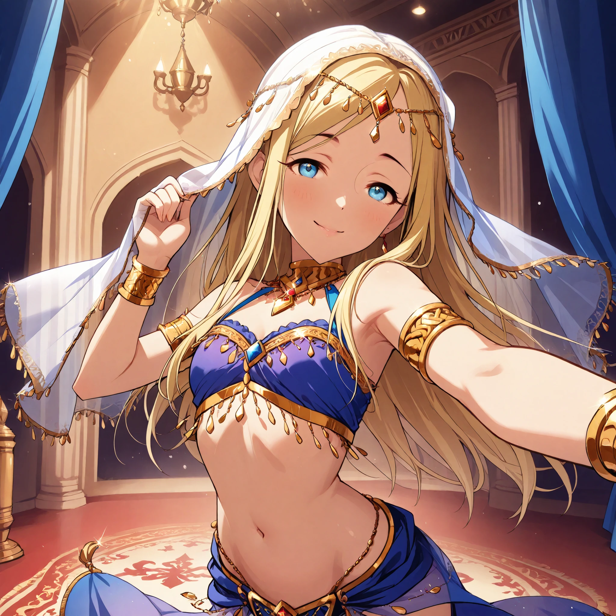 (1girl:1 . 5) , (Seul:1 . 5) , score_9 , score_8_haut , score_7_haut , source_anime , Official work , ultra-detailed , masterpiece , best quality selfie snapshot , high res , beaux yeux , detailed eyes , detailed face , beautiful detailed eyes ,THE iDOLM@STER Cinderella Girls,Layla,Arabian Clothes , Arabian Dancer ,belly dancer costume , golden jewelery,armlet, belly dancing,arabian theater, smile, dancing with veil, dynamic movement,dancer posture, pose,sexy pose