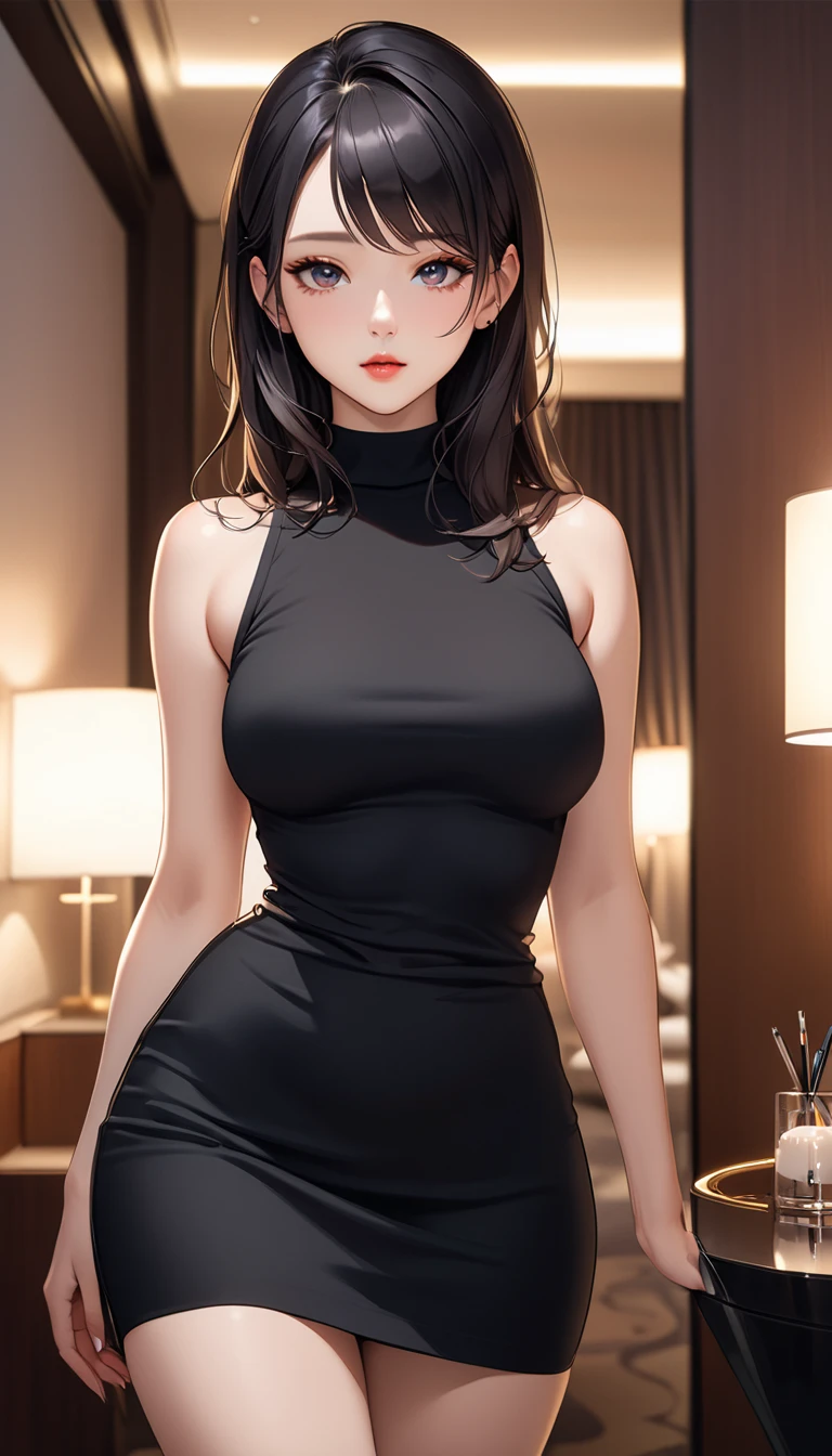 masterpiece, high resolution, beautiful woman, Korean Beauty, 30 years old, black sleeve less sweater, mini pencil skirt, beautiful woman, night hotel, looking at me, high resolution face, (high resolution eyes), black hair, curvy
