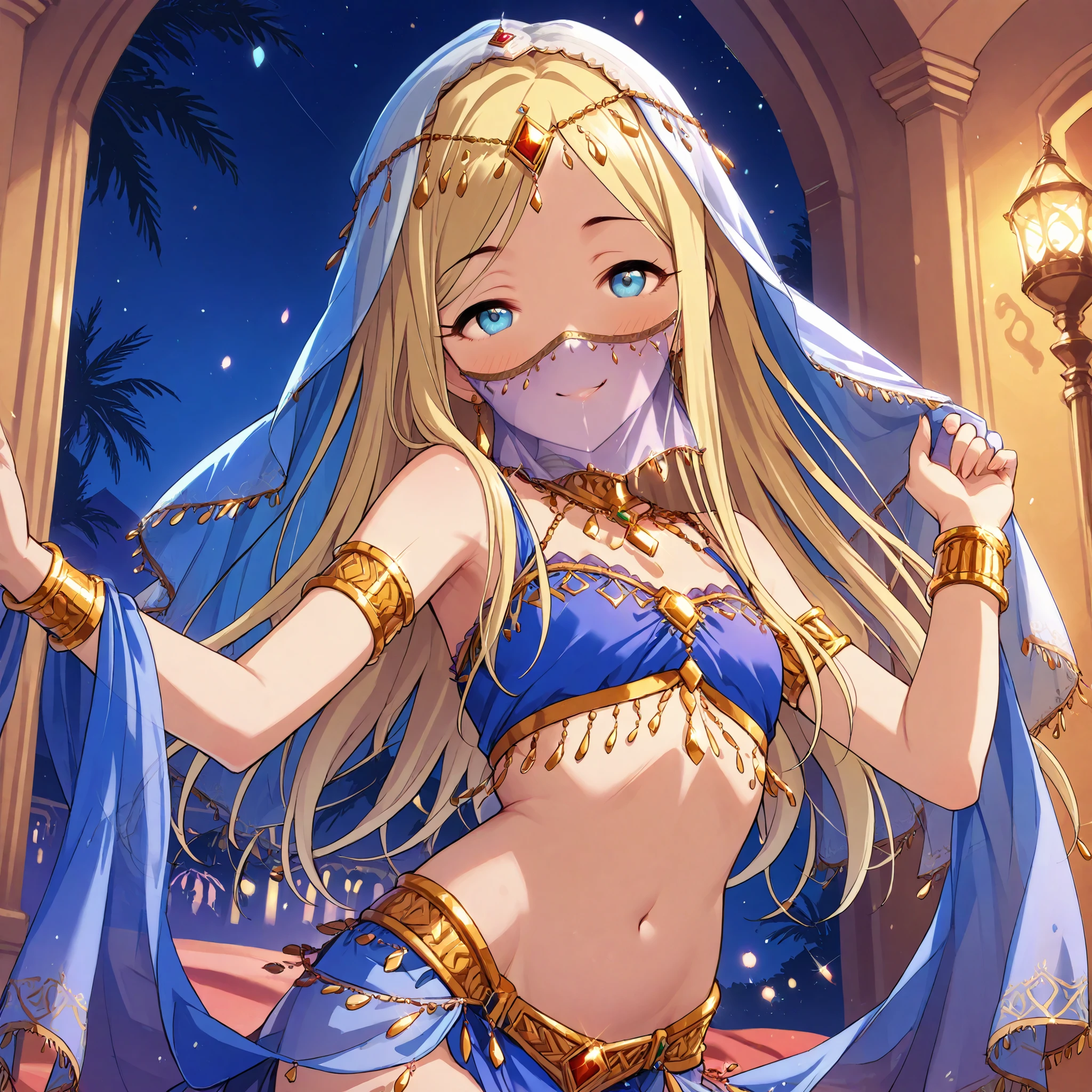 (1girl:1 . 5) , (Seul:1 . 5) , score_9 , score_8_haut , score_7_haut , source_anime , Official work , ultra-detailed , masterpiece , best quality selfie snapshot , high res , beaux yeux , detailed eyes , detailed face , beautiful detailed eyes ,THE iDOLM@STER Cinderella Girls,Layla,Arabian Clothes , Arabian Dancer ,belly dancer costume ,mouth veil, golden jewelery,armlet, belly dancing,night,arabian garden smile, dancing with veil, dynamic movement,dancer posture, pose,sexy pose