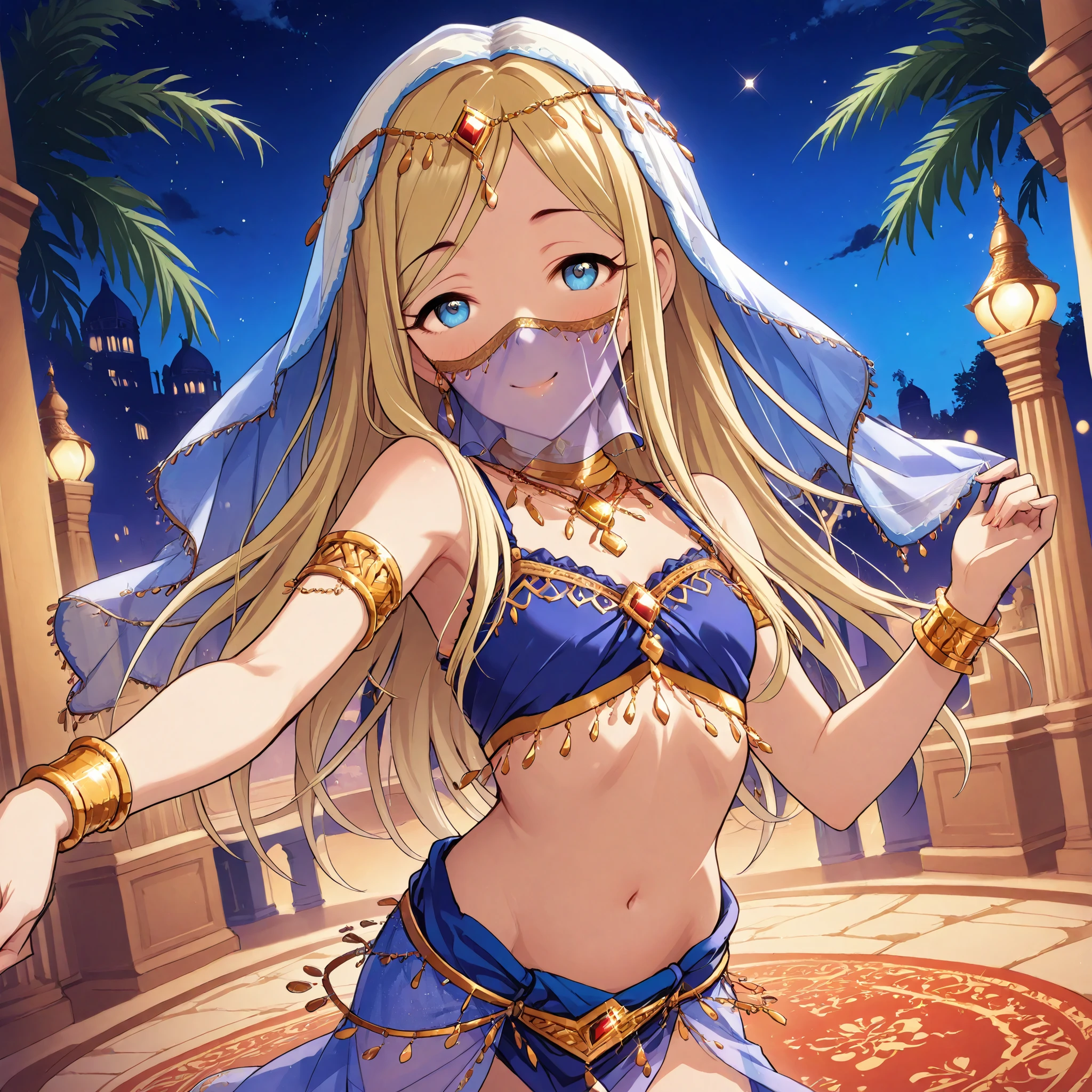 (1girl:1 . 5) , (Seul:1 . 5) , score_9 , score_8_haut , score_7_haut , source_anime , Official work  , ultra-detailed , masterpiece , best quality selfie snapshot , high res , beaux yeux , detailed eyes , detailed face , beautiful detailed eyes ,THE iDOLM@STER Cinderella Girls,Layla,Arabian Clothes , Arabian Dancer ,belly dancer costume ,mouth veil, golden jewelery,armlet, belly dancing,night,arabian garden  smile, dancing with veil, dynamic movement,dancer posture,  pose,sexy pose