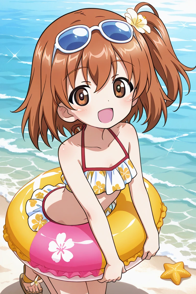 best quality, masterpiece, highres, solo, {yuzu_iizuka_sakuratrick:1.15}, brown_hair, blush, brown_eyes, short_hair, necktie, 1girl, closed_eyes, smile, ball, beachball, open_mouth, swimsuit, upper_body