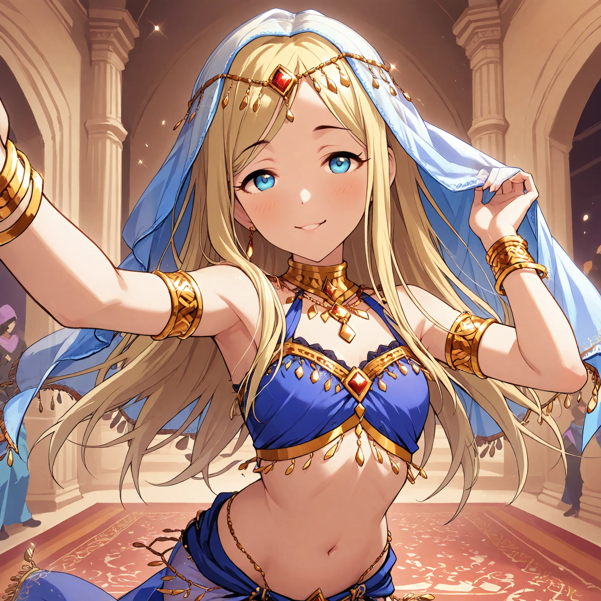 (1girl:1 . 5) , (Seul:1 . 5) , score_9 , score_8_haut , score_7_haut , source_anime , Official work , ultra-detailed , masterpiece , best quality selfie snapshot , high res , beaux yeux , detailed eyes , detailed face , beautiful detailed eyes ,THE iDOLM@STER Cinderella Girls,Layla,Arabian Clothes , Arabian Dancer ,belly dancer costume , golden jewelery,armlet, belly dancing,arabian garden smile, dancing with veil, dynamic movement,dance posture, pose,sexy pose