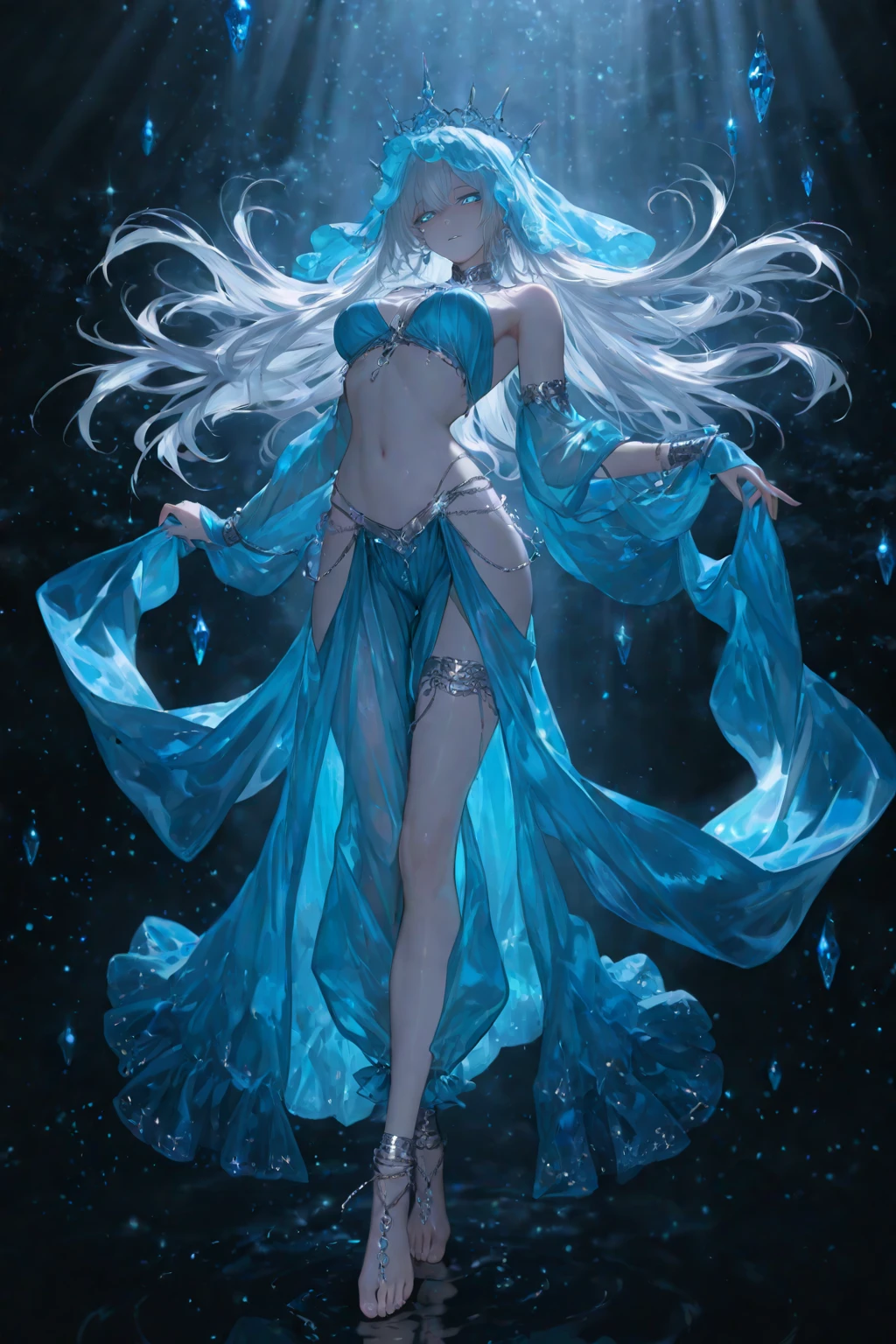 (1/2 photos:1.5)wood, Exquisite mini ice spikes and crystals, A frozen waterfall in the background, Light reflected by ice crystals, Flowing snowflakes.1 girl、pretty girl,A realistic person,((small breasts)),Thin legs、Tight waist、standing