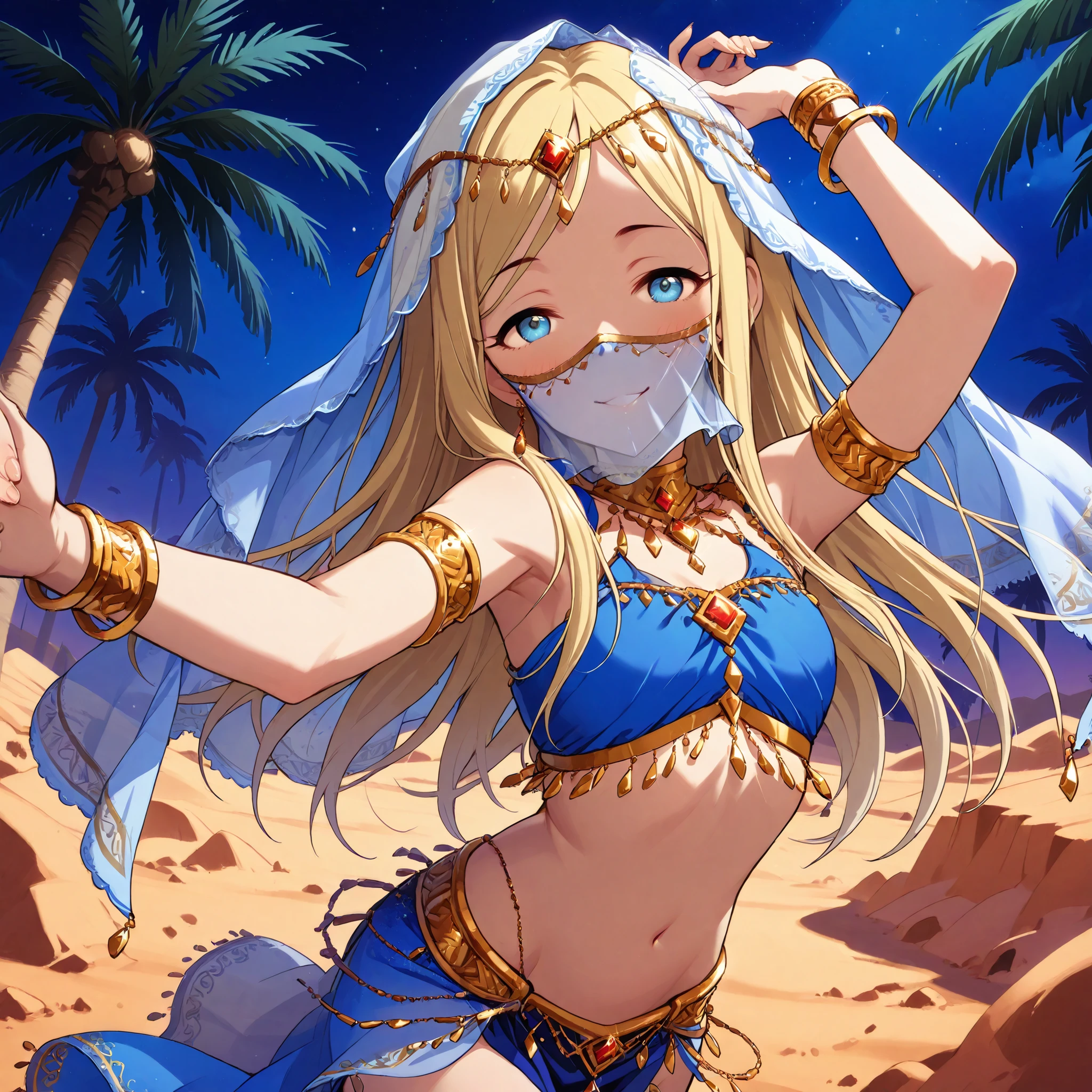 (1girl:1 . 5) , (Seul:1 . 5) , score_9 , score_8_haut , score_7_haut , source_anime , Official work , ultra-detailed , masterpiece , best quality selfie snapshot , high res , beaux yeux , detailed eyes , detailed face , beautiful detailed eyes ,THE iDOLM@STER Cinderella Girls,Layla,Arabian Clothes , Arabian Dancer ,belly dancer costume ,mouth veil, golden jewelery,armlet, belly dancing,night,desert, palm tree , smile, dancing with veil, dynamic movement,dance posture, pose,sexy pose