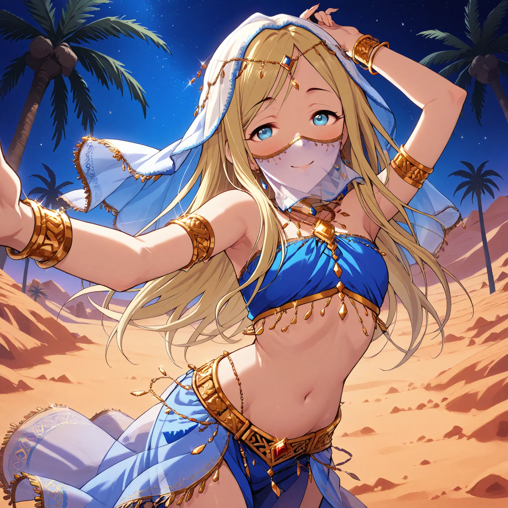 (1girl:1 . 5) , (Seul:1 . 5) , score_9 , score_8_haut , score_7_haut , source_anime , Official work  , ultra-detailed , masterpiece , best quality selfie snapshot , high res , beaux yeux , detailed eyes , detailed face , beautiful detailed eyes ,THE iDOLM@STER Cinderella Girls,Layla,Arabian Clothes , Arabian Dancer ,belly dancer costume ,mouth veil, golden jewelery,armlet, belly dancing,night,desert, palm tree , smile, dancing with veil, dynamic movement,dance posture,  pose,sexy pose